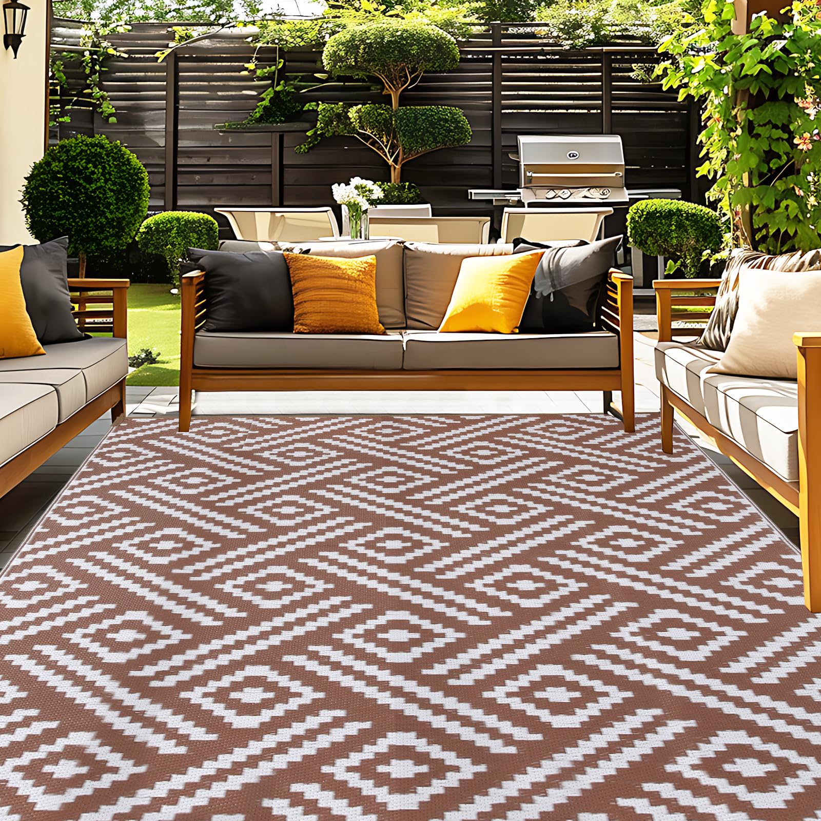 OPPODREAM Outdoor Rug 9x12 Patio Waterproof, Large Outdoor Plastic Straw Rug, Reversible Out Door Carpet for Camping, Deck, Rv, 9 x 12 Area Carpet for Balcony, Porch, Backyard, Black and White