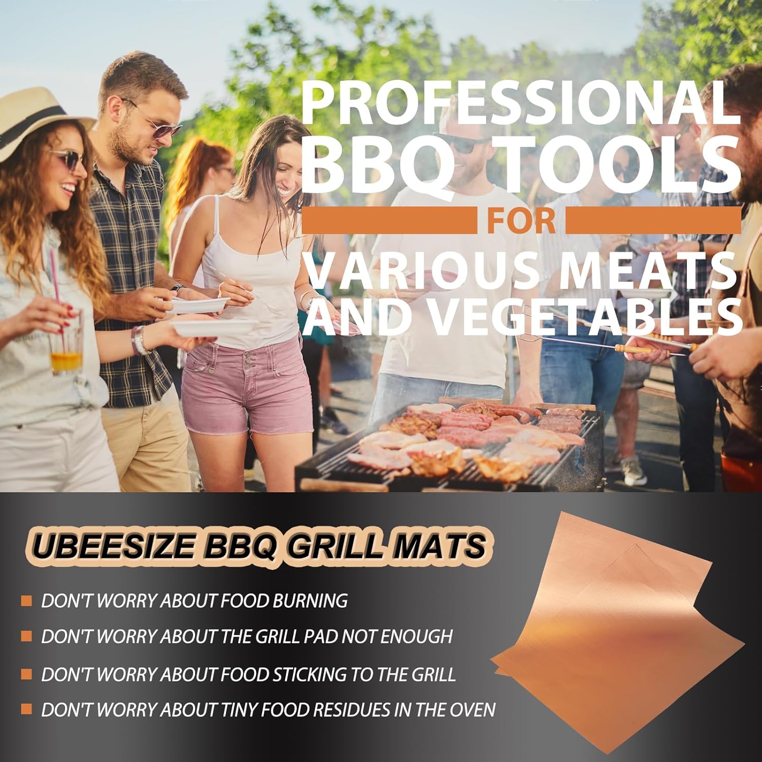 UBeesize Copper Grill Mats for Outdoor Grill – 6 Pack Heavy-Duty, Non-Stick BBQ Grilling Mat & Baking Mats, Reusable, Easy-Clean for Gas, Charcoal, Electric Grills (15.75 x 13 Inch)