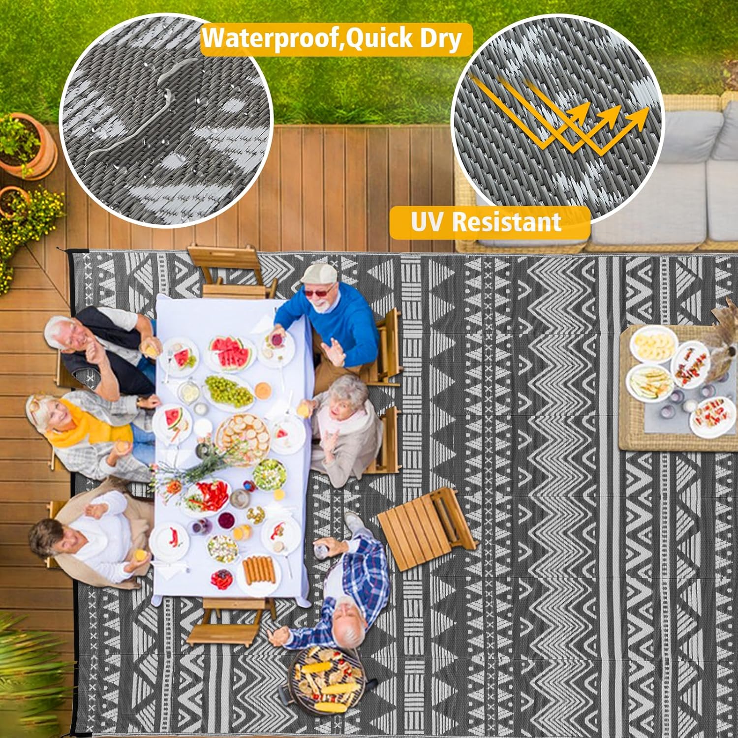 Large Rv Outdoor Rugs for Camping Outdoor Rug 10x14 Patio Waterproof 10x14 Plastic Patio Rug for Outside, Reversible Grey and White Boho Stripe Woven Mat for Deck, Porch, Camping, Balcony, RV, Yard