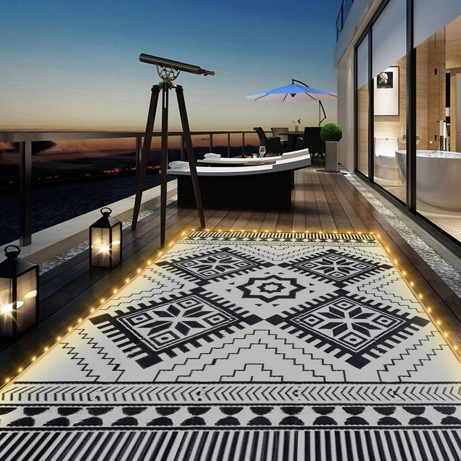 Waterproof Outdoor Rug 5x8ft, Bohemia Reversible Plastic Straw Mat for Patio RV Deck Porch Backyard Balcony Camping Picnic Beach Indoor Outdoor Carpet, Black&White