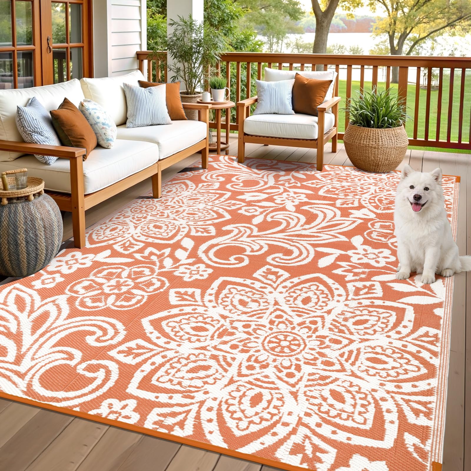 Findosom Waterproof Outdoor Rug 8' x 10' - Reversible Mandala Outdoor Plastic Straw Rug, Durable Foldable Patio Rug for RV, Deck, Balcony, Backyard, Picnic, Porch, Camping, Beach, Gray