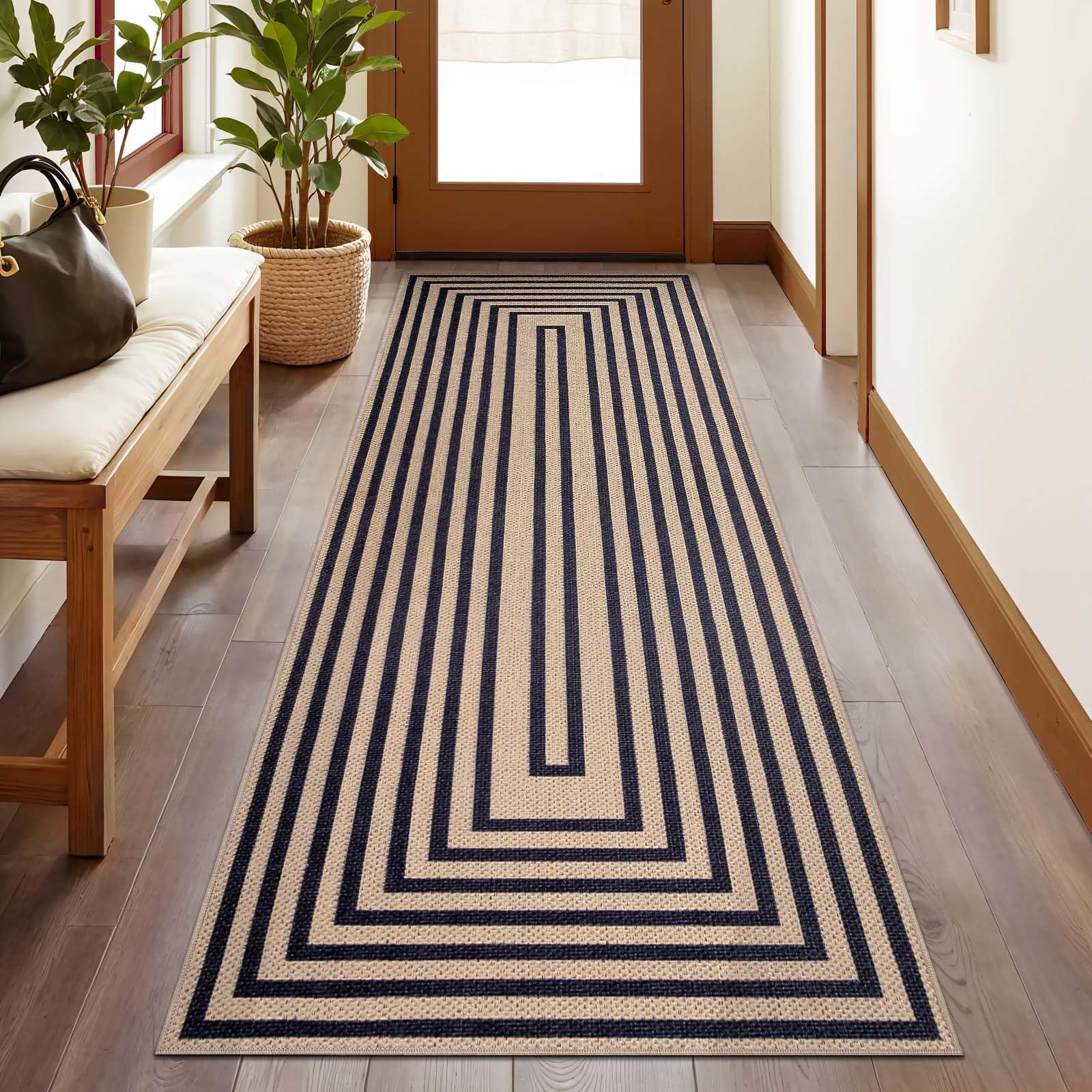 Tangsoo Rainbow Easy Jute Rug 5x7 Large Washable Area Rug for Living Room,Black Non-Slip Thin Outdoor Rug,Modern Farmhouse Indoor Carpet for Dining Room Table Bedroom Patio