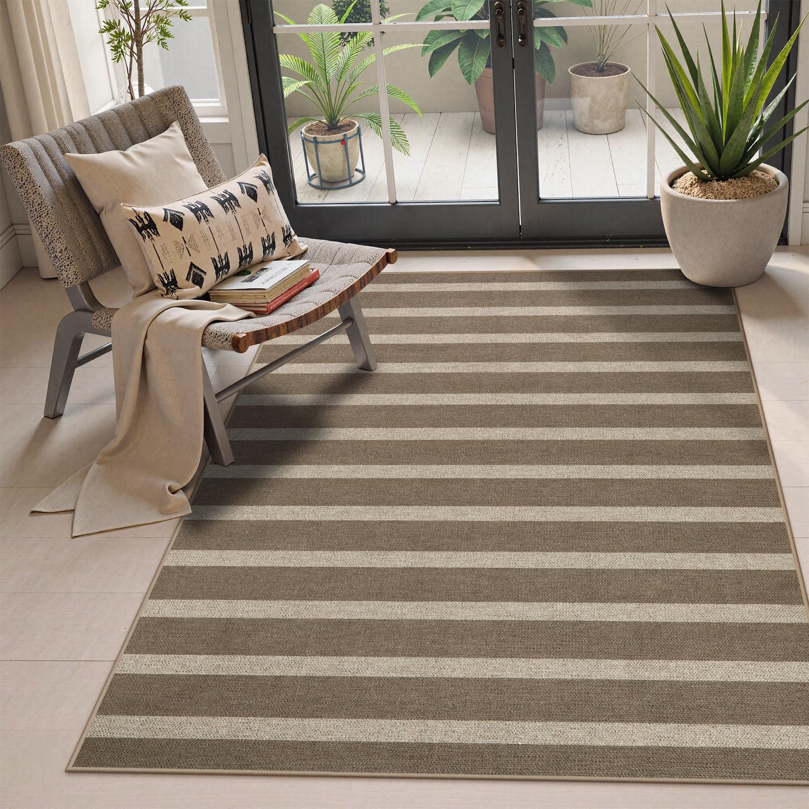 Lahome Striped Easy Jute Outdoor Patio Rug, 3x5 Washable Rugs for Entryway Porch, Farmhouse Neutral Non Shedding Indoor Outdoor Carpet for Entry Kitchen Guestroom Deck Foyer