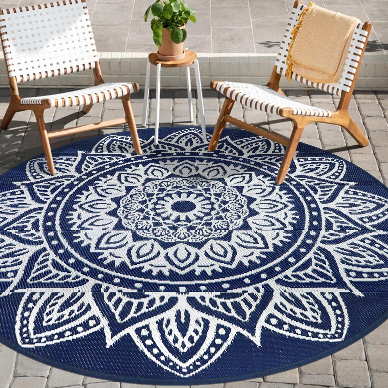 famibay 6 Ft Round Boho Outdoor Plastic Straw Rug, Waterproof, Portable, Reversible, UV-Resistant, Patio, Porch, Camping, Dark Blue