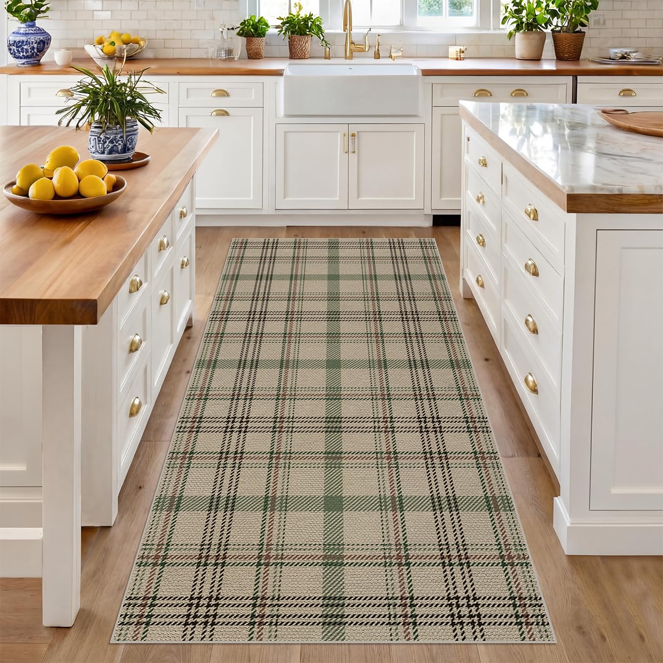 Washable Plaid Indoor Outdoor Rug 3x5 for Front Porch, Entryway, Patio, No Shed Easy Jute Non Slip TPR Backing Area Rug for Large Kitchen, Farmhouse Black & Tan Checkered Seegrass Aesthetic