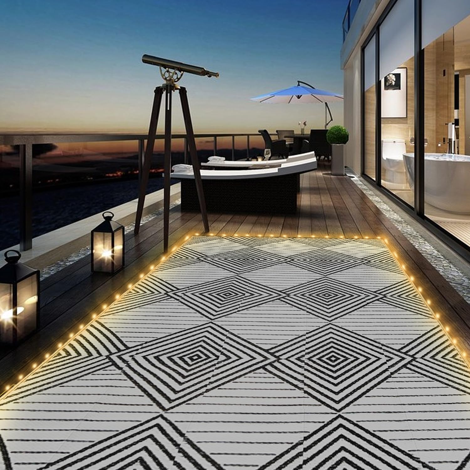Waterproof Outdoor Rug 5x8ft, Bohemia Reversible Plastic Straw Mat for Patio RV Deck Porch Backyard Balcony Camping Picnic Beach Indoor Outdoor Carpet, Black&White