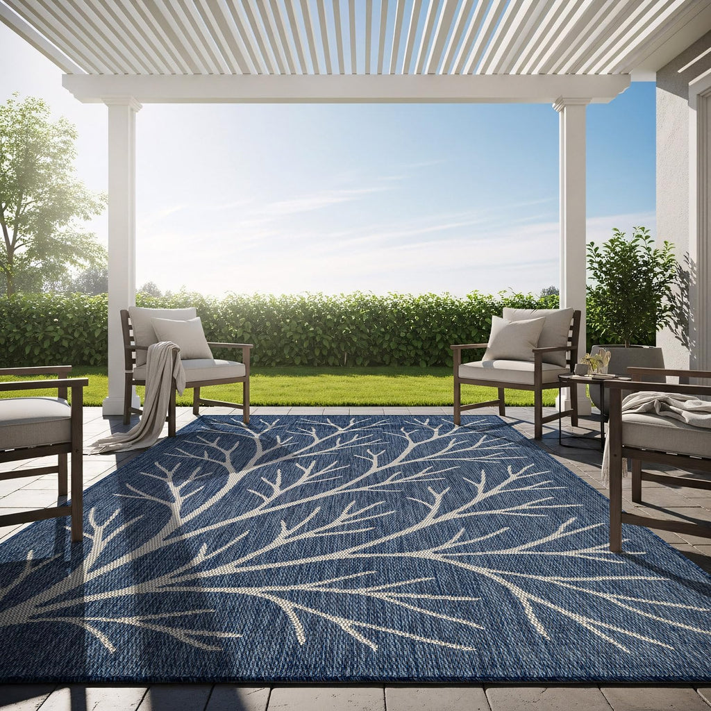 Washable Indoor Outdoor Rug 6x9 Modern Area Rugs Branch Pattern Non Shedding Waterproof Easy Clean Patio Deck Porch Living Room Bedroom Garden RV (6 X 9 Blue)