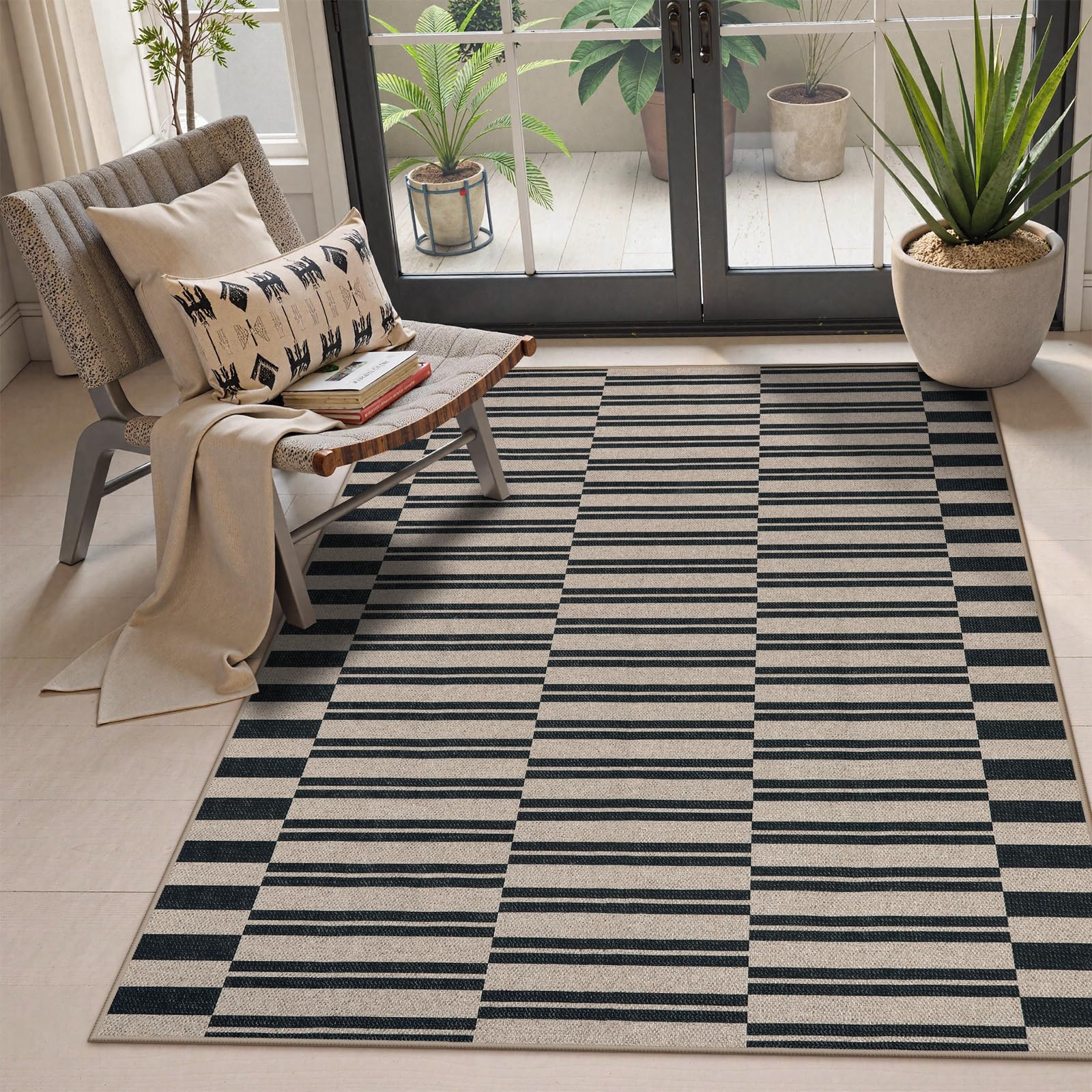 Lahome Striped Easy Jute Outdoor Patio Rug, 3x5 Washable Rugs for Entryway Porch, Farmhouse Neutral Non Shedding Indoor Outdoor Carpet for Entry Kitchen Guestroom Deck Foyer