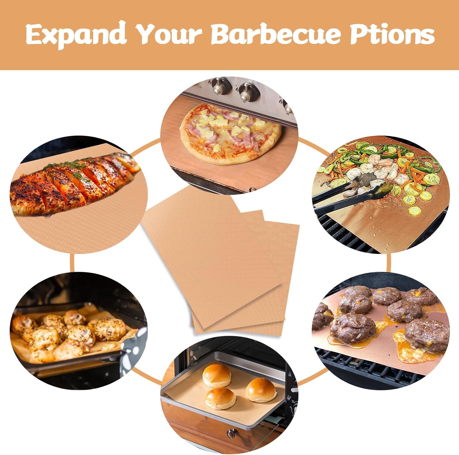 Copper Grill Mats for Ourdoor Grill Set of 6,Heavy Duty Non-Stick BBQ Grill Mats,Reusable & Easy to Clean for Gas,Charcoal & Electric Grills-15.75 x 13 Inch