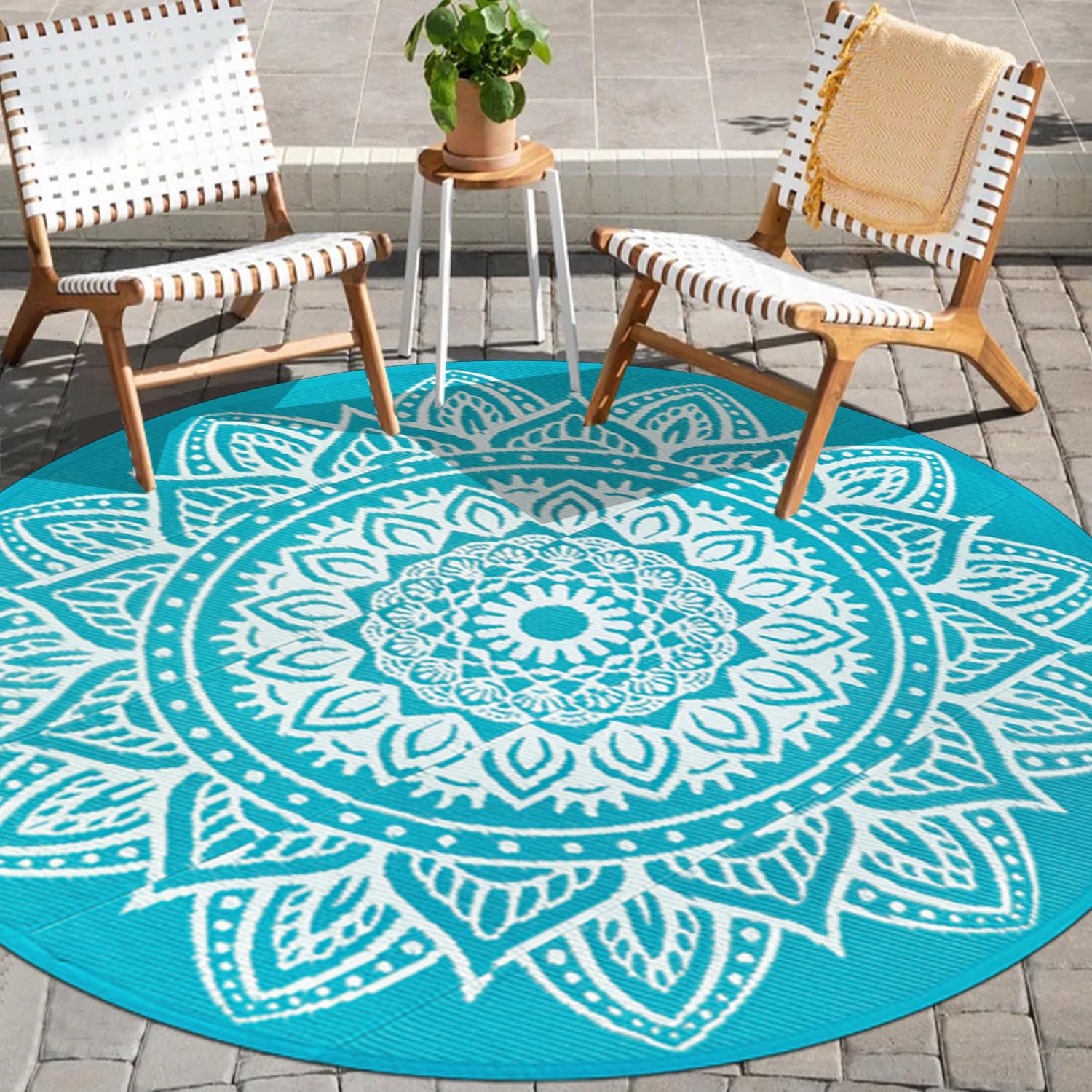 famibay 6 Ft Round Boho Outdoor Plastic Straw Rug, Waterproof, Portable, Reversible, UV-Resistant, Patio, Porch, Camping, Dark Blue