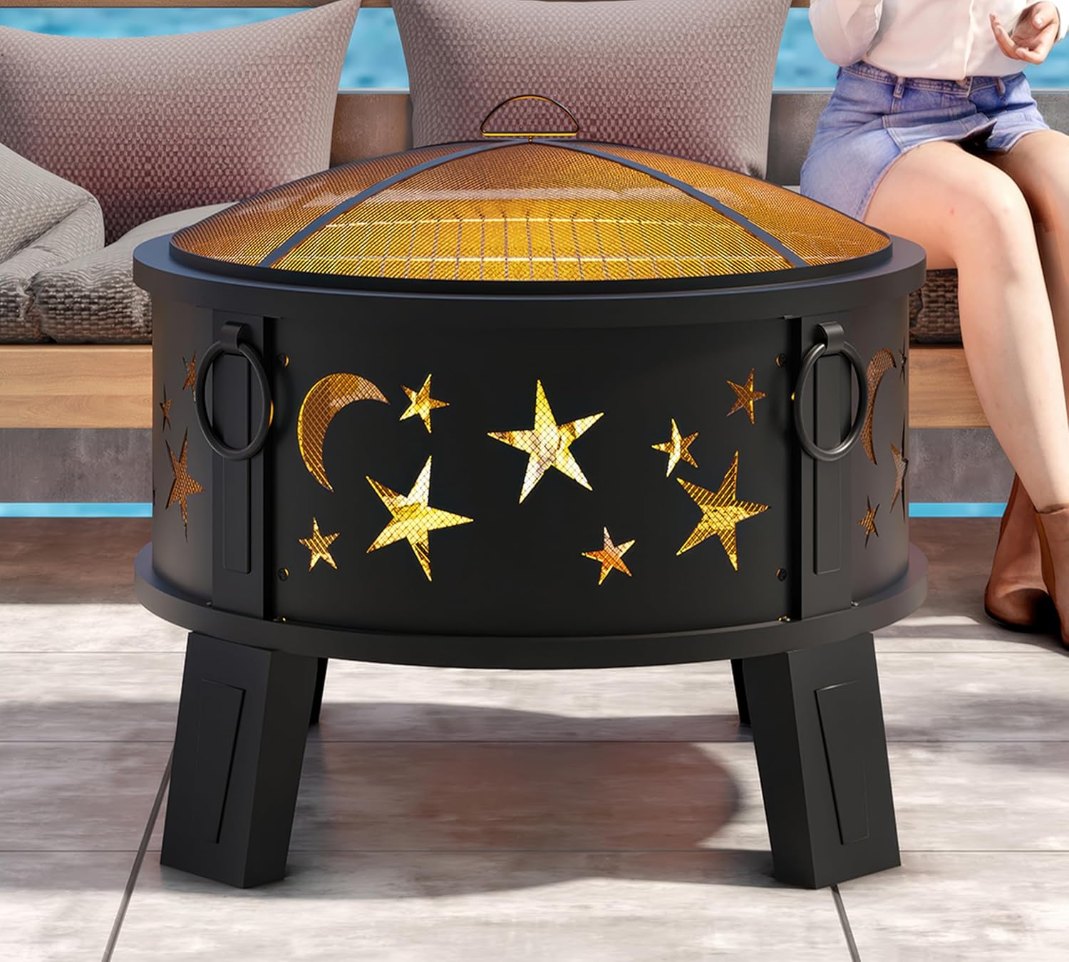 Kingson 26" Outdoor Fire Pit with Grill & Mesh Cover, Wood Burning Steel Firepit with Poker & Star Spark Screen, Heavy Duty Patio Fire Bowl for Backyard, Camping & Garden