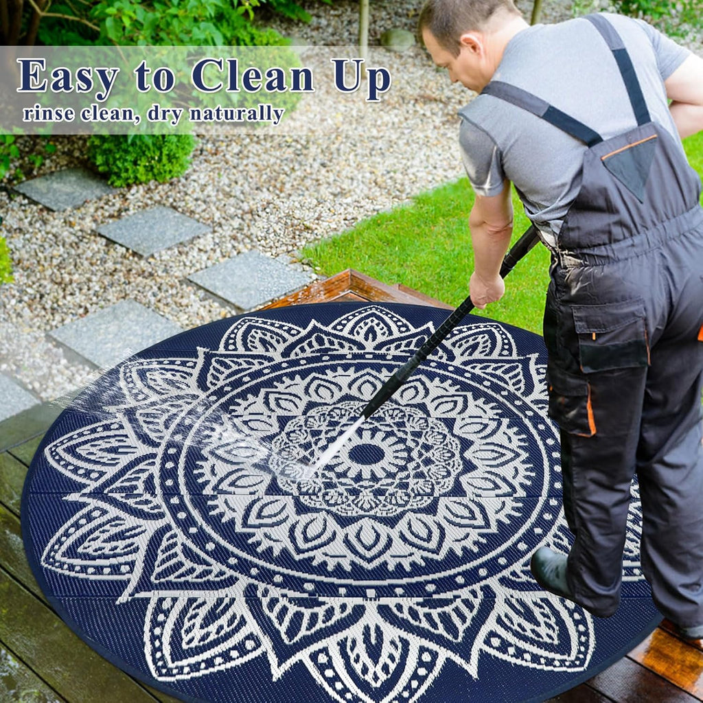 famibay 6 Ft Round Boho Outdoor Plastic Straw Rug, Waterproof, Portable, Reversible, UV-Resistant, Patio, Porch, Camping, Dark Blue