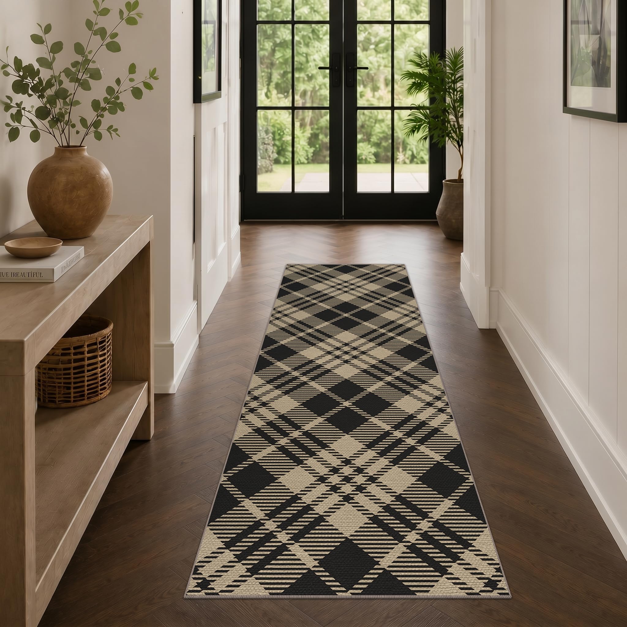 Washable Plaid Indoor Outdoor Rug 3x5 for Front Porch, Entryway, Patio, No Shed Easy Jute Non Slip TPR Backing Area Rug for Large Kitchen, Farmhouse Black & Tan Checkered Seegrass Aesthetic