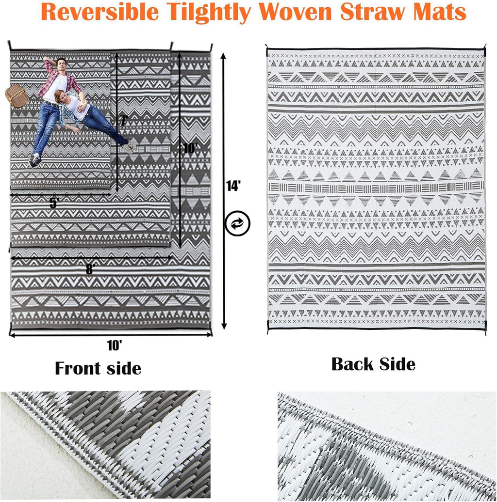 Large Rv Outdoor Rugs for Camping Outdoor Rug 10x14 Patio Waterproof 10x14 Plastic Patio Rug for Outside, Reversible Grey and White Boho Stripe Woven Mat for Deck, Porch, Camping, Balcony, RV, Yard