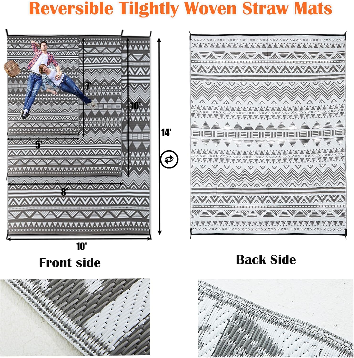 Large Rv Outdoor Rugs for Camping Outdoor Rug 10x14 Patio Waterproof 10x14 Plastic Patio Rug for Outside, Reversible Grey and White Boho Stripe Woven Mat for Deck, Porch, Camping, Balcony, RV, Yard