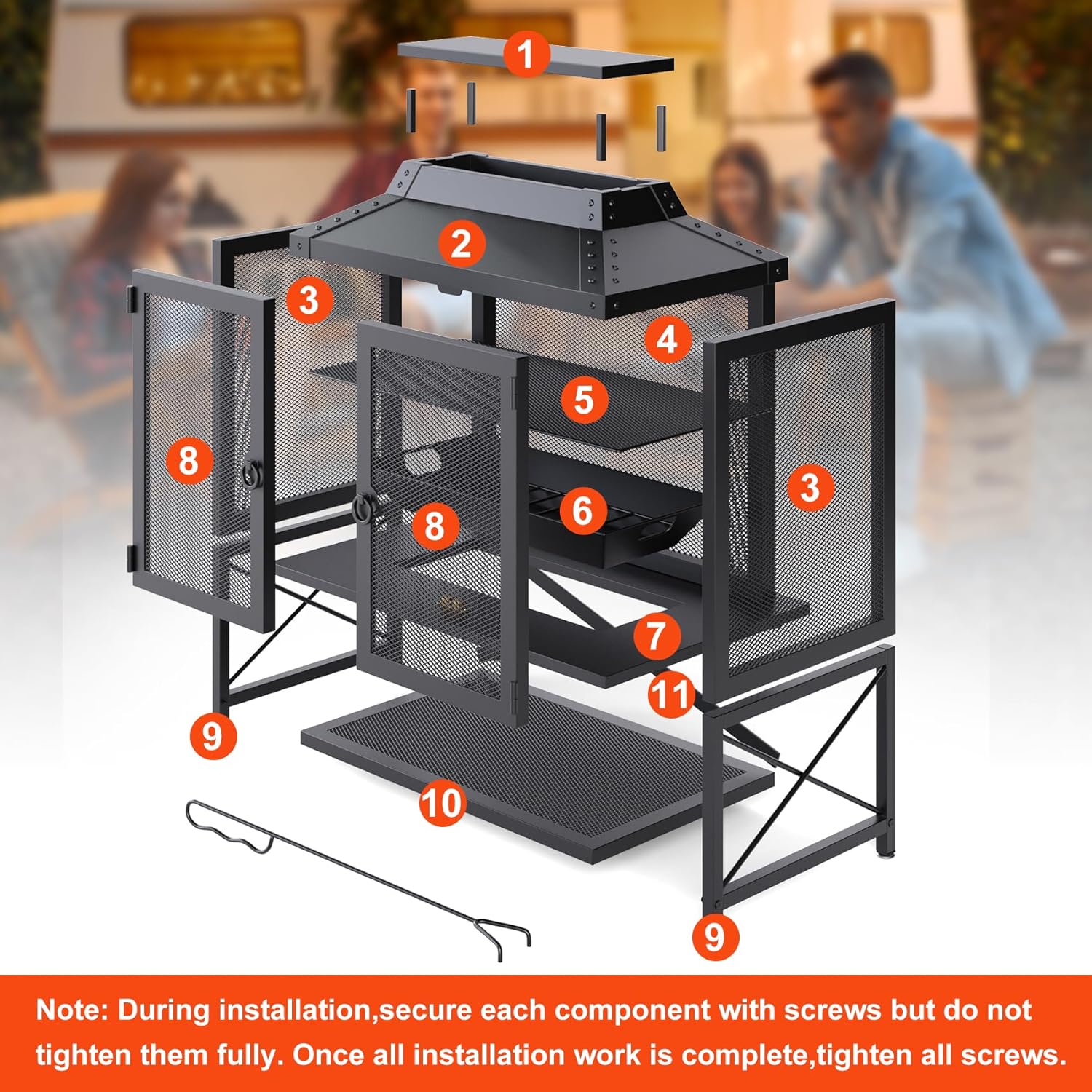 Metal Outdoor Fireplace for Patio - 39" H Square Chiminea Fire Pits Outside Wood Burning with Grill, Mesh Spark Screen & Fire Poker, for Garden, Backyard, Party, Camping, Picnic, BBQ, Bonfire