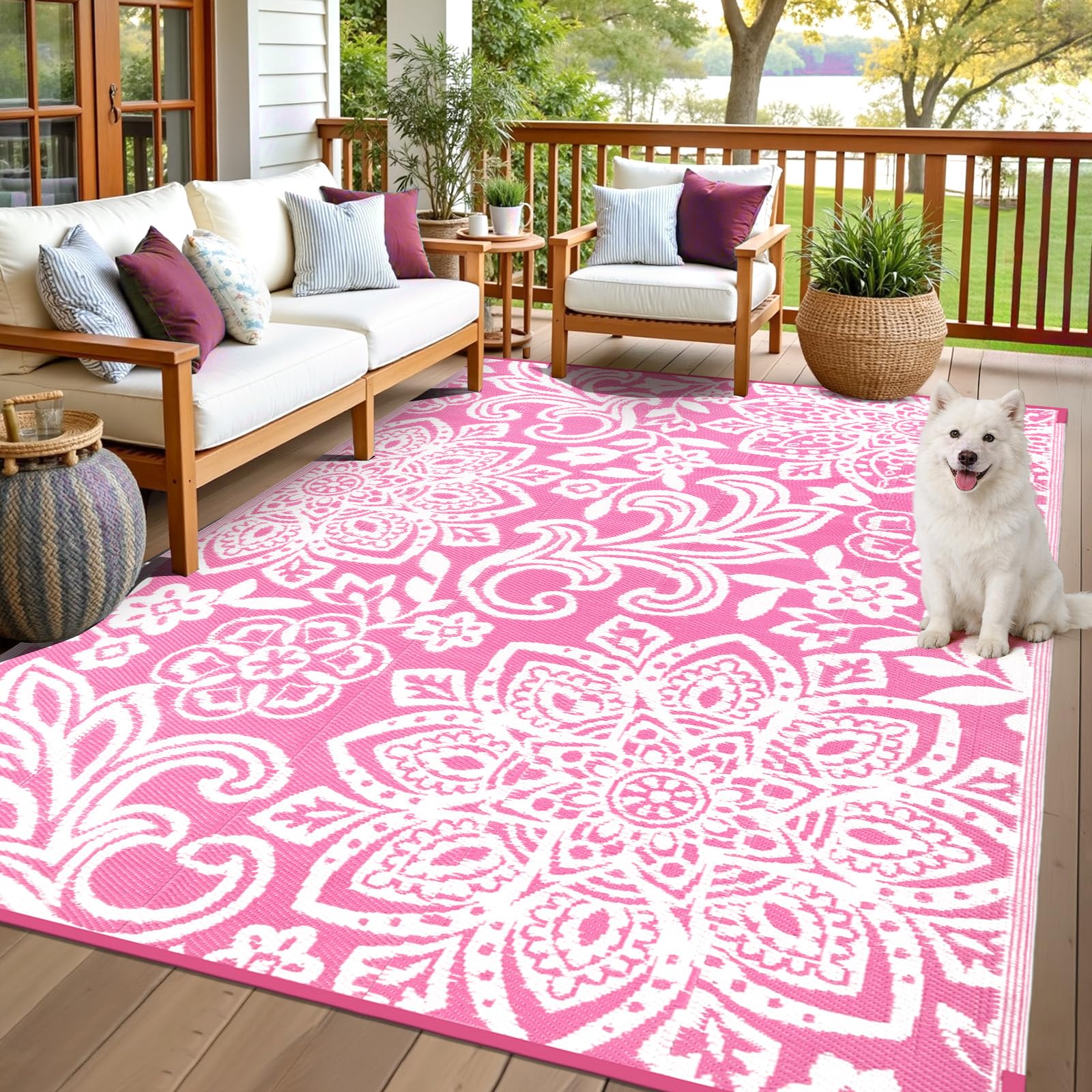 Findosom Waterproof Outdoor Rug 8' x 10' - Reversible Mandala Outdoor Plastic Straw Rug, Durable Foldable Patio Rug for RV, Deck, Balcony, Backyard, Picnic, Porch, Camping, Beach, Gray