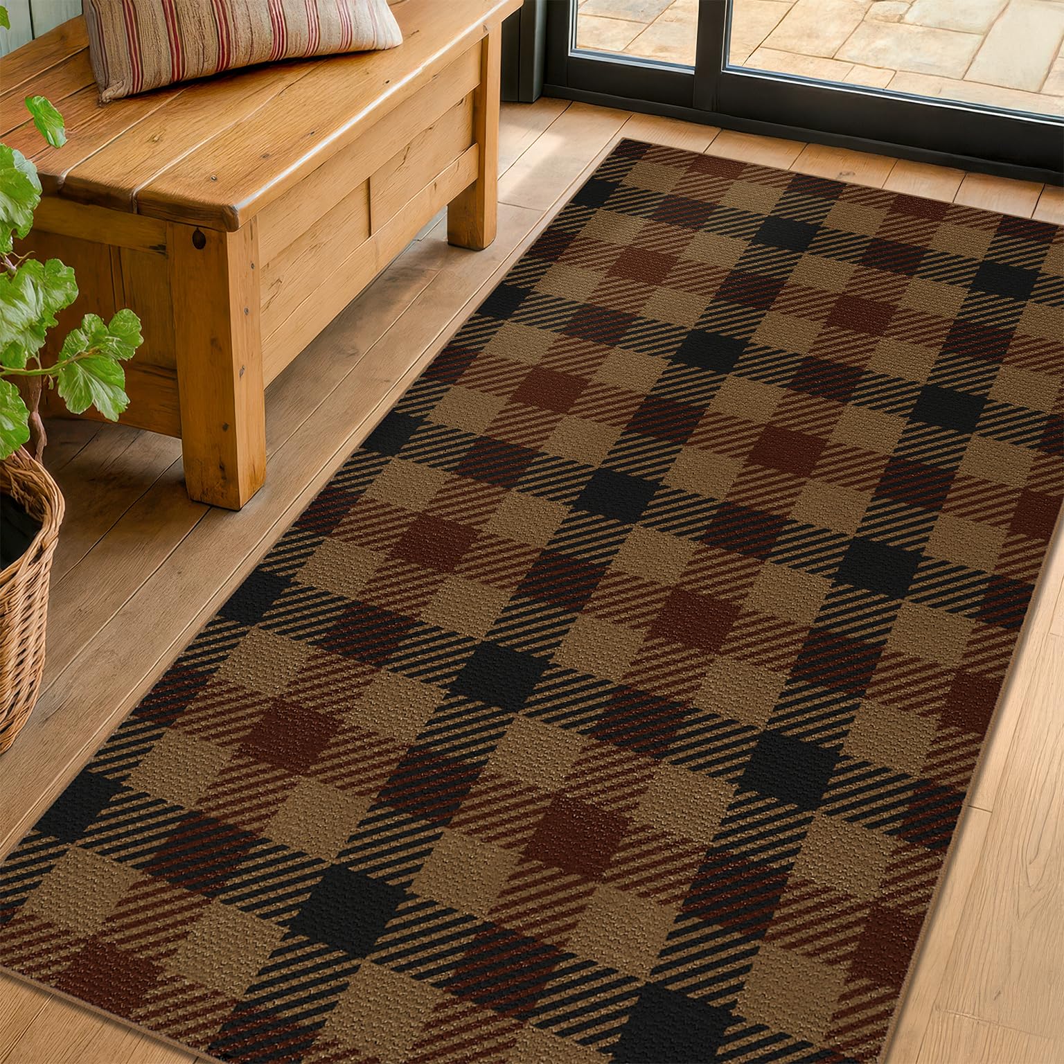 Washable Plaid Indoor Outdoor Rug 3x5 for Front Porch, Entryway, Patio, No Shed Easy Jute Non Slip TPR Backing Area Rug for Large Kitchen, Farmhouse Black & Tan Checkered Seegrass Aesthetic