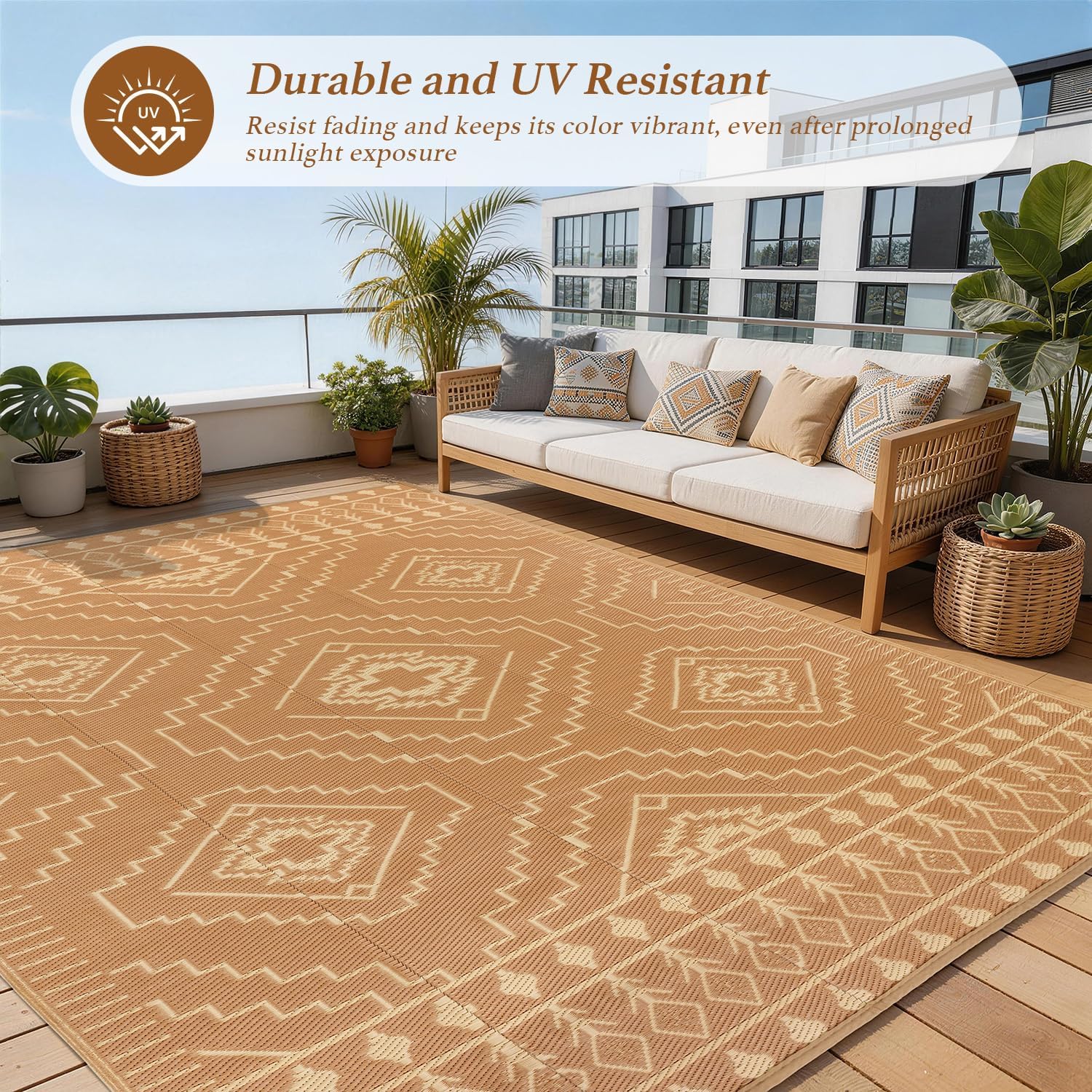 LBRO2M Waterproof Outdoor Rugs 10X12 for Patio Outdoor Plastic Straw Rug Reversible Outdoor Camping Rugs RV Rug for Deck,Backyard (10X12 Brwon Beige)