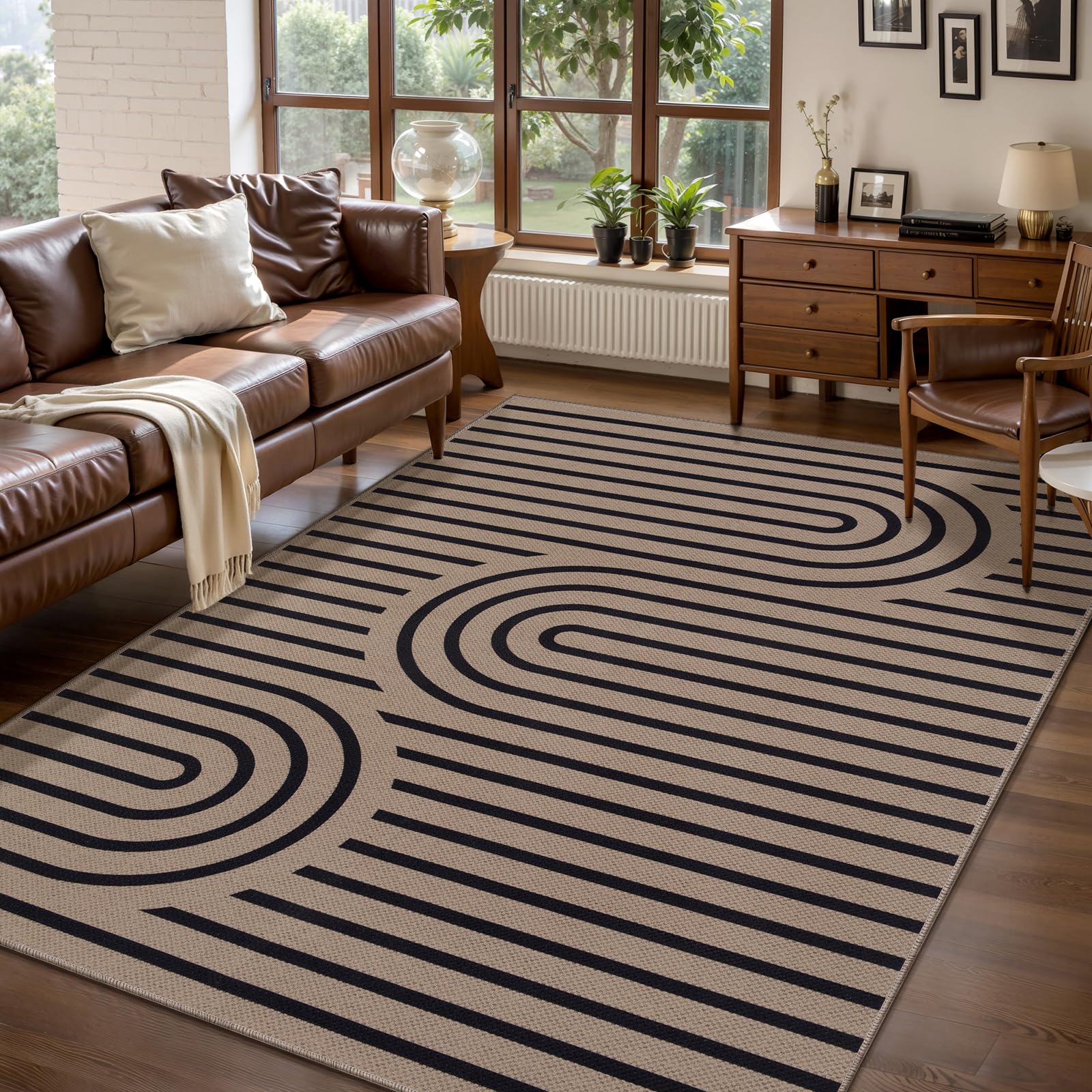 Tangsoo Rainbow Easy Jute Rug 5x7 Large Washable Area Rug for Living Room,Black Non-Slip Thin Outdoor Rug,Modern Farmhouse Indoor Carpet for Dining Room Table Bedroom Patio