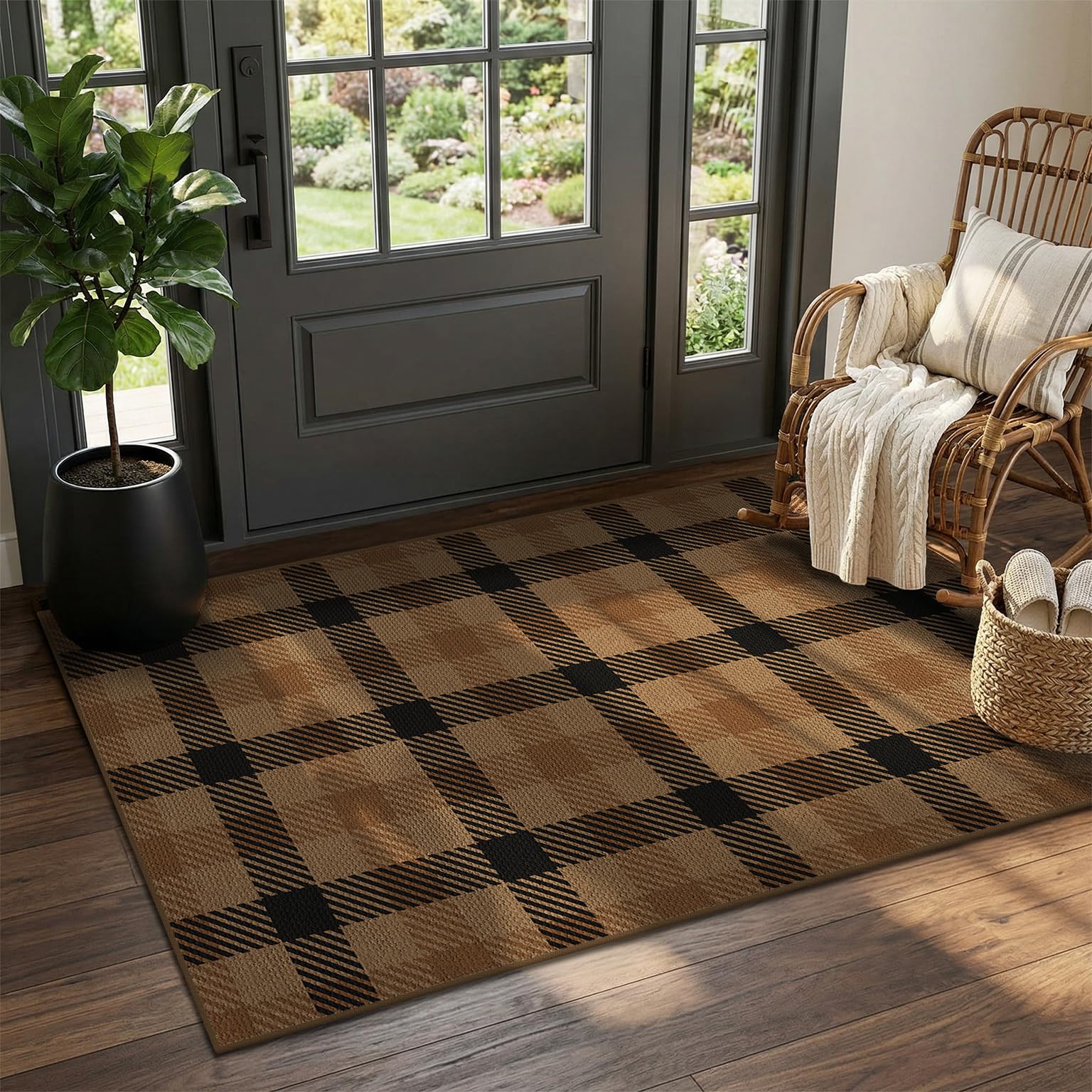 Washable Plaid Indoor Outdoor Rug 3x5 for Front Porch, Entryway, Patio, No Shed Easy Jute Non Slip TPR Backing Area Rug for Large Kitchen, Farmhouse Black & Tan Checkered Seegrass Aesthetic