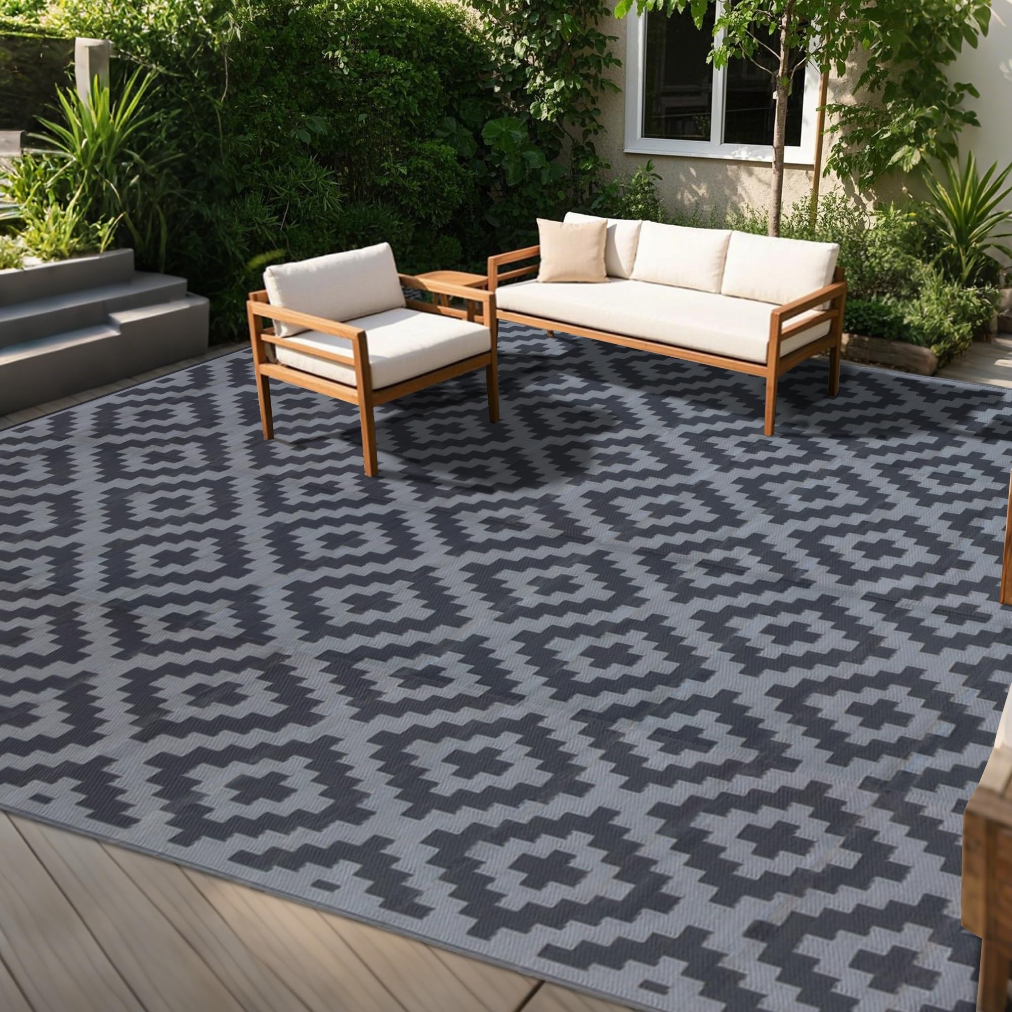 SAND MINE Waterproof Outdoor Rug 5x8 ft, Plastic Reversible Rug, Modern Area Rug, Large Floor Mat for Outdoors, RV, Patio, Backyard, Deck, Picnic, Beach, Camping, Black & Beige