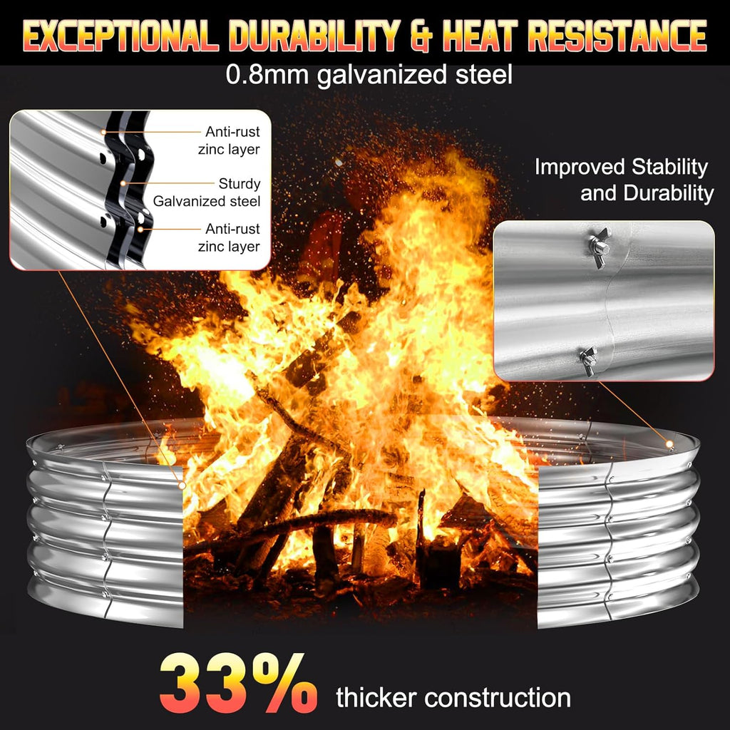 60 Inch Fire Pit Ring 5FT Galvanized Steel, 12" Raised Heavy Duty Wood Burning Fire Pits&Outdoor Fireplace, Heat Resistant Campfire Ring with Spark Guard, for Outdoor Backyard, Patio & Camping Use