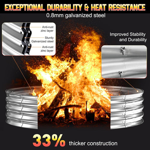 60 Inch Fire Pit Ring 5FT Galvanized Steel, 12" Raised Heavy Duty Wood Burning Fire Pits&Outdoor Fireplace, Heat Resistant Campfire Ring with Spark Guard, for Outdoor Backyard, Patio & Camping Use