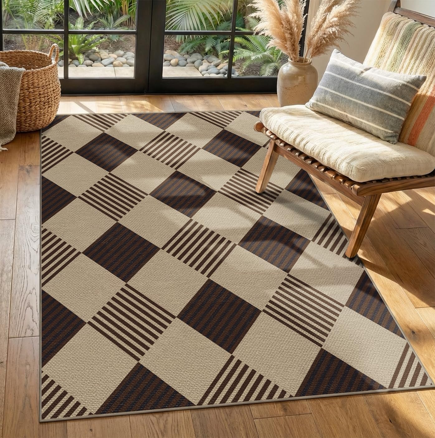 Washable Plaid Indoor Outdoor Rug 3x5 for Front Porch, Entryway, Patio, No Shed Easy Jute Non Slip TPR Backing Area Rug for Large Kitchen, Farmhouse Black & Tan Checkered Seegrass Aesthetic