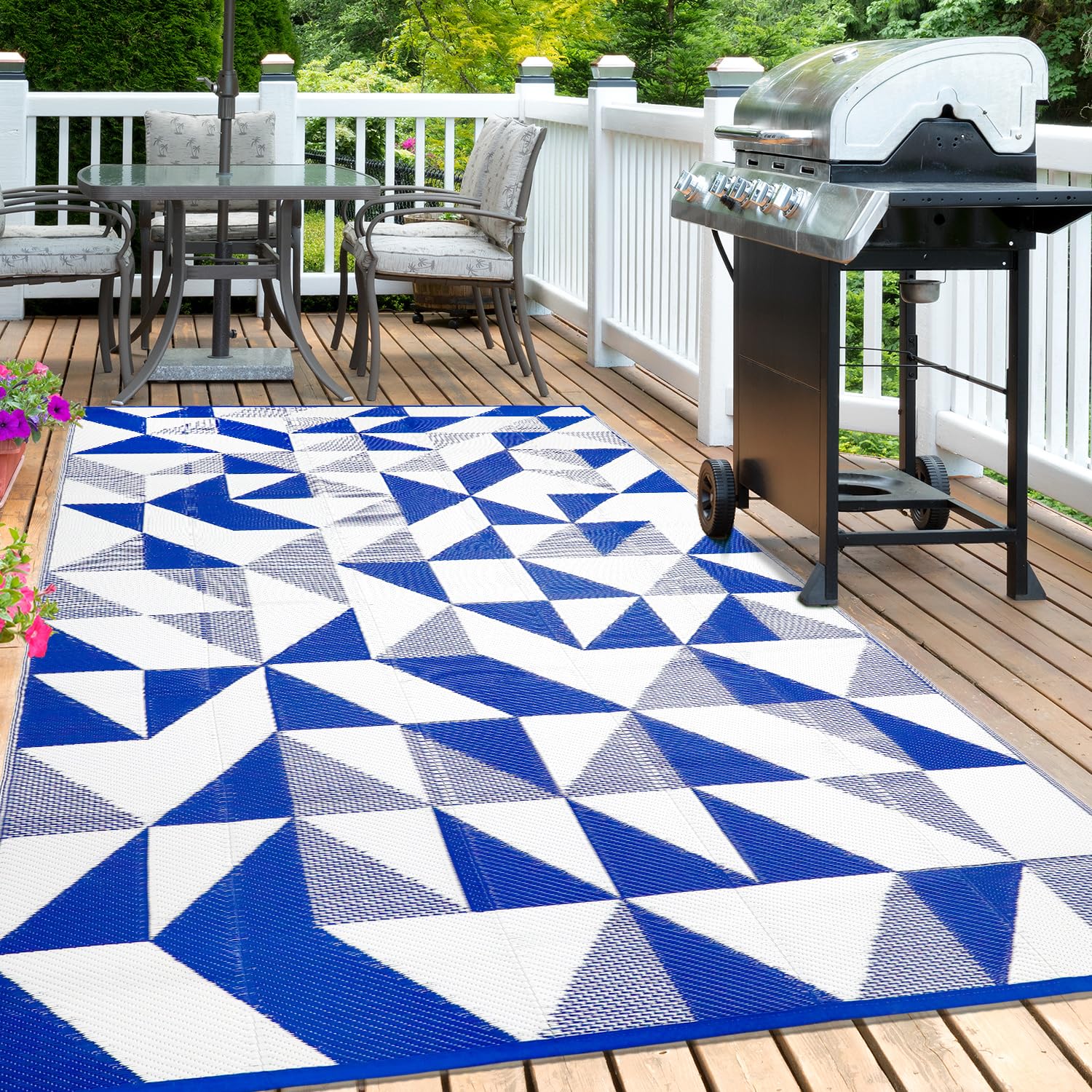 Waterproof Outdoor Rug 5x8ft, Bohemia Reversible Plastic Straw Mat for Patio RV Deck Porch Backyard Balcony Camping Picnic Beach Indoor Outdoor Carpet, Black&White