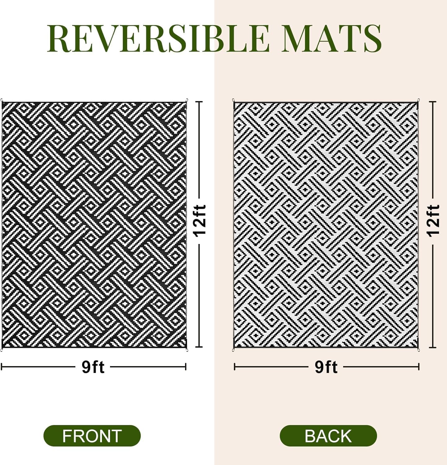 OPPODREAM Outdoor Rug 9x12 Patio Waterproof, Large Outdoor Plastic Straw Rug, Reversible Out Door Carpet for Camping, Deck, Rv, 9 x 12 Area Carpet for Balcony, Porch, Backyard, Black and White