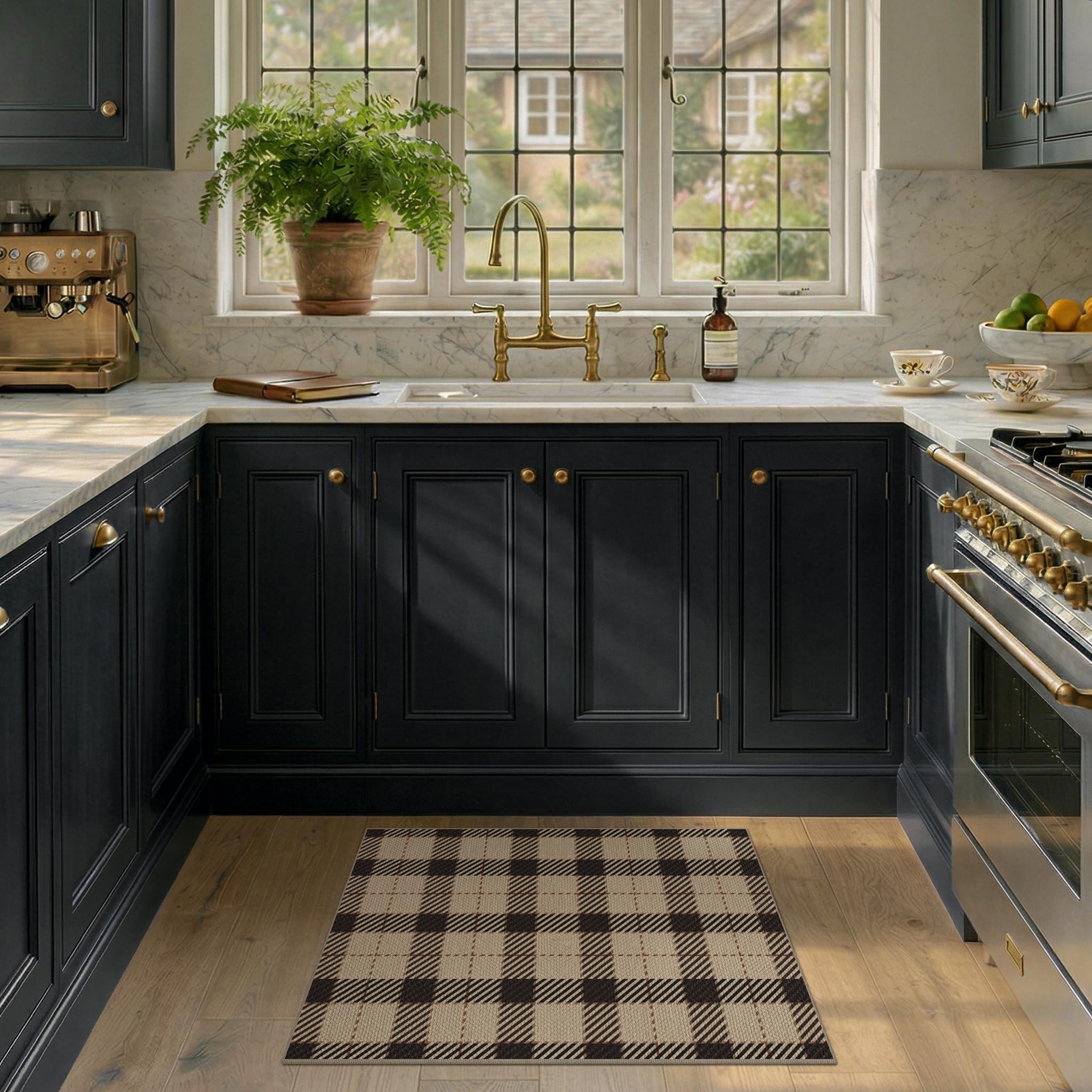 Washable Plaid Indoor Outdoor Rug 3x5 for Front Porch, Entryway, Patio, No Shed Easy Jute Non Slip TPR Backing Area Rug for Large Kitchen, Farmhouse Black & Tan Checkered Seegrass Aesthetic
