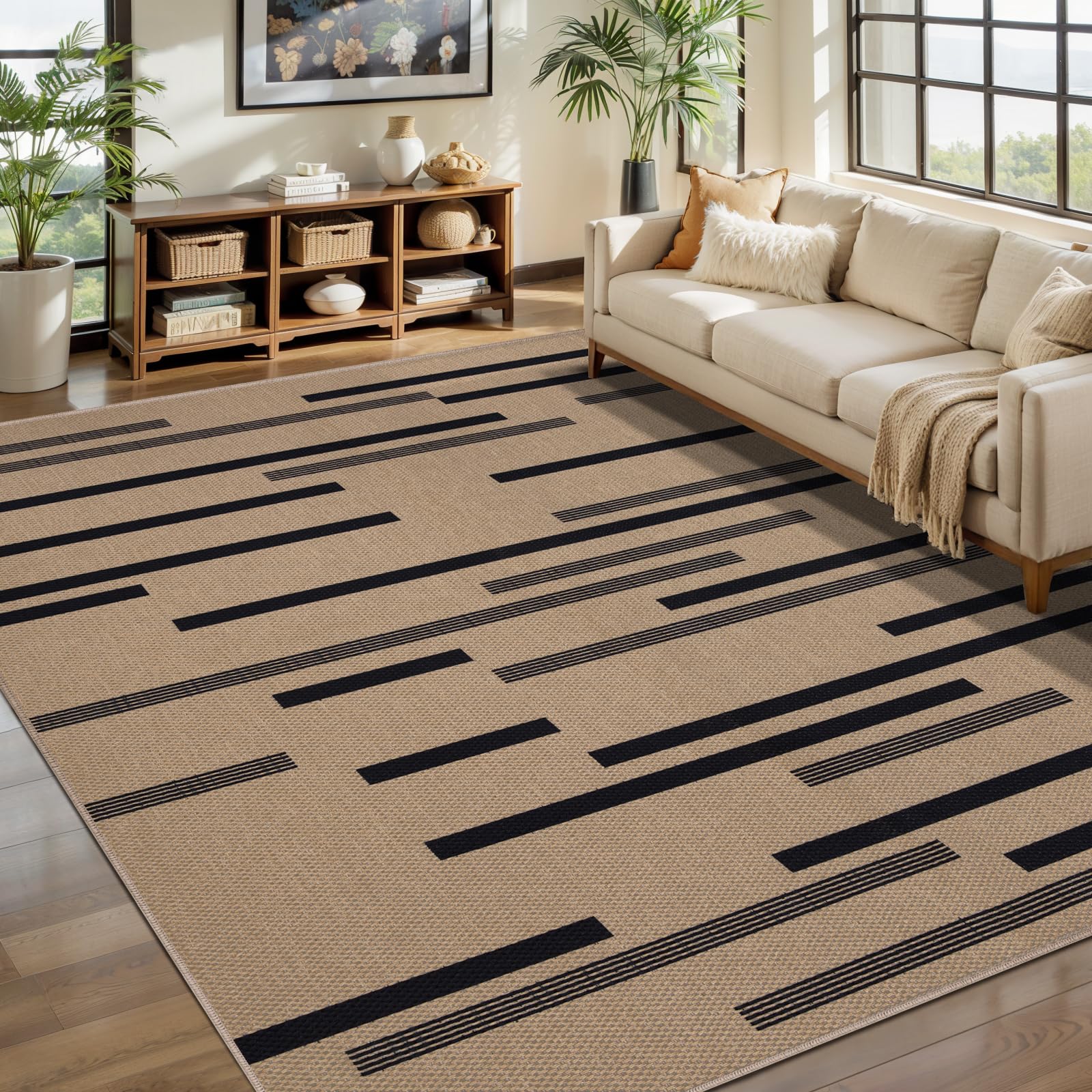 Tangsoo Rainbow Easy Jute Rug 5x7 Large Washable Area Rug for Living Room,Black Non-Slip Thin Outdoor Rug,Modern Farmhouse Indoor Carpet for Dining Room Table Bedroom Patio