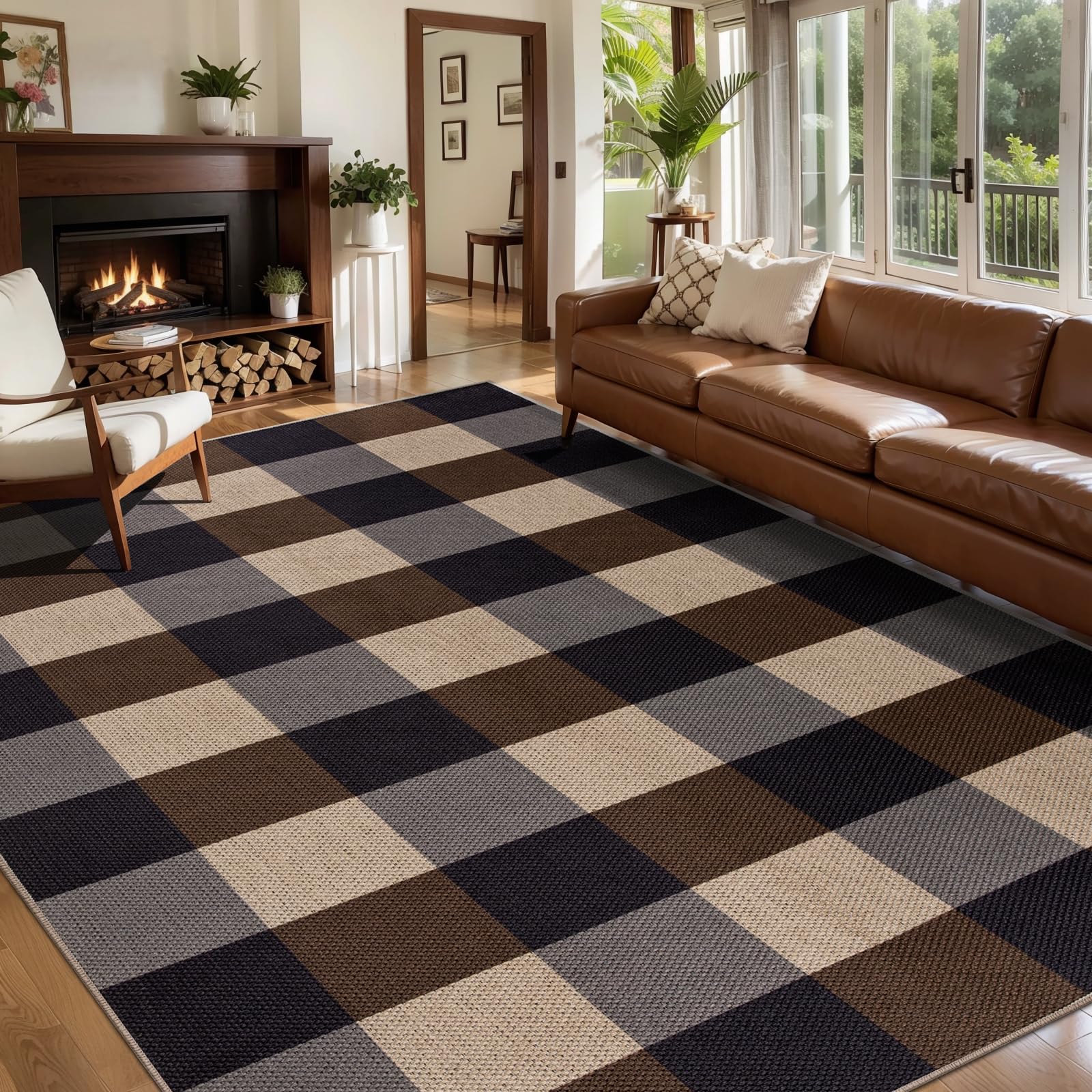 Tangsoo Rainbow Easy Jute Rug 5x7 Large Washable Area Rug for Living Room,Black Non-Slip Thin Outdoor Rug,Modern Farmhouse Indoor Carpet for Dining Room Table Bedroom Patio