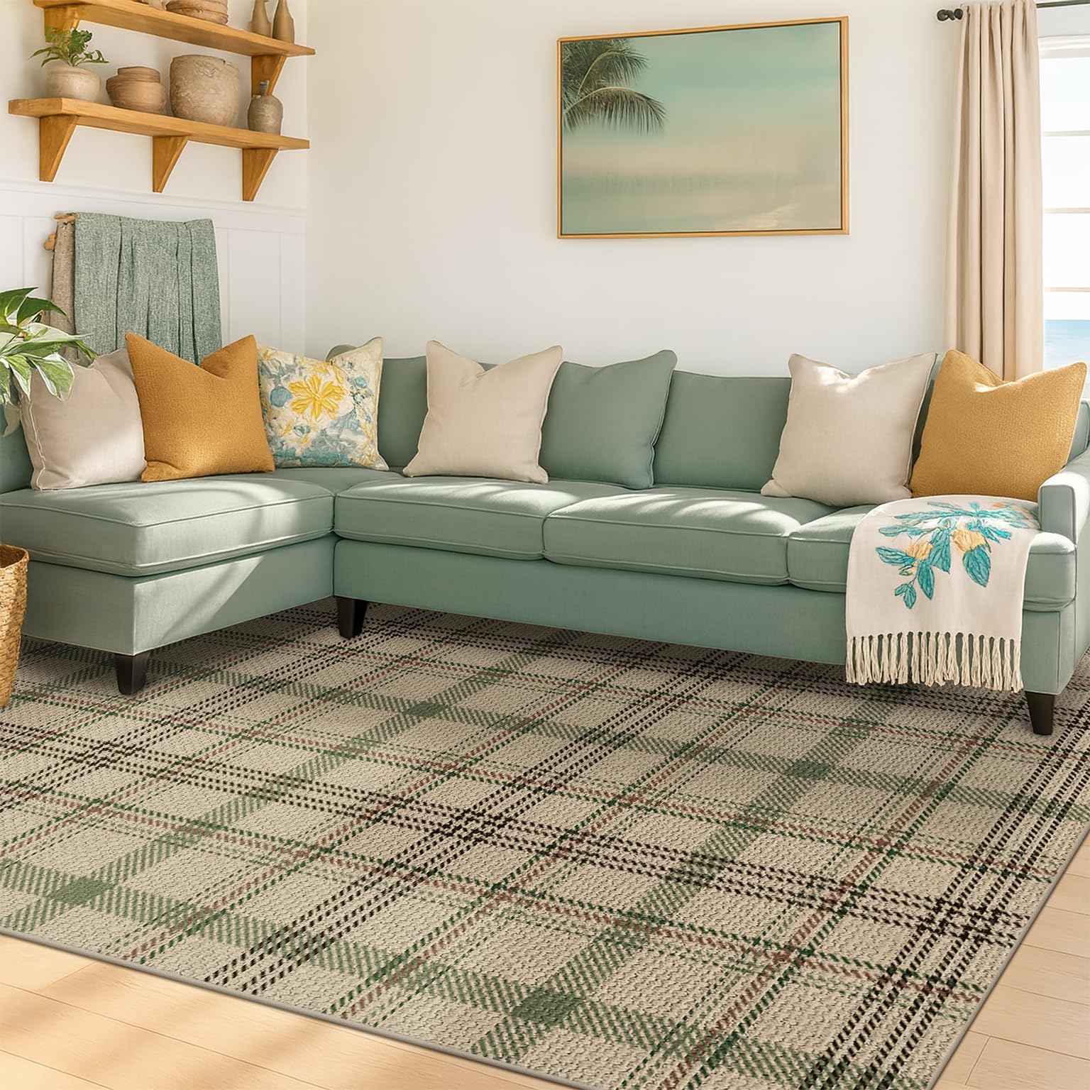 Washable Plaid Indoor Outdoor Rug 3x5 for Front Porch, Entryway, Patio, No Shed Easy Jute Non Slip TPR Backing Area Rug for Large Kitchen, Farmhouse Black & Tan Checkered Seegrass Aesthetic