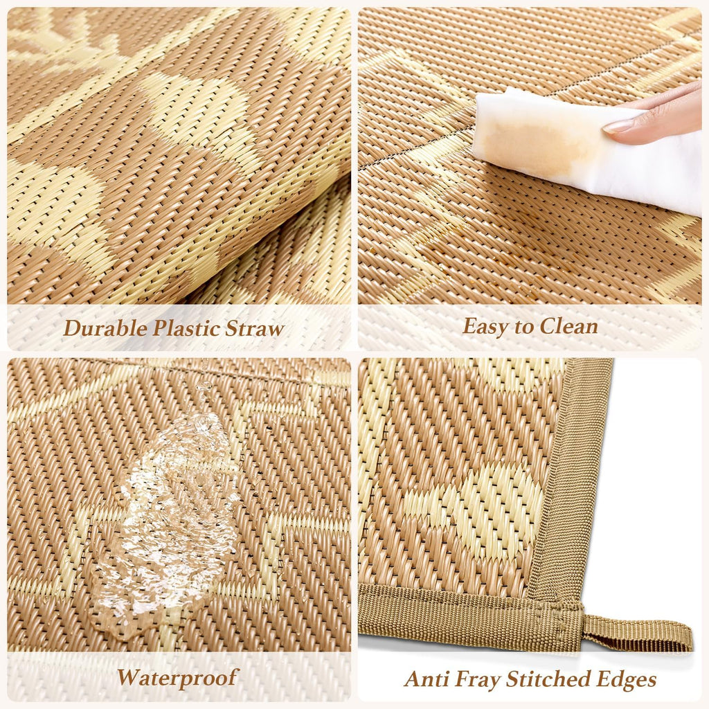 LBRO2M Waterproof Outdoor Rugs 10X12 for Patio Outdoor Plastic Straw Rug Reversible Outdoor Camping Rugs RV Rug for Deck,Backyard (10X12 Brwon Beige)