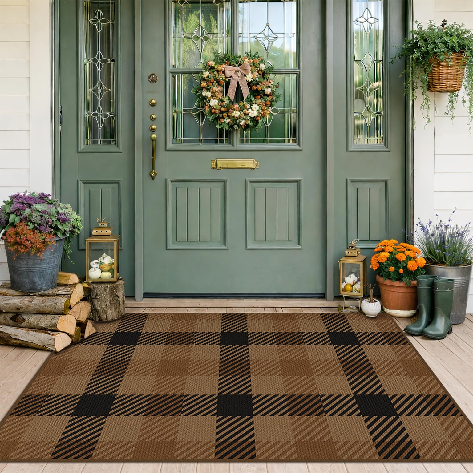 Washable Plaid Indoor Outdoor Rug 3x5 for Front Porch, Entryway, Patio, No Shed Easy Jute Non Slip TPR Backing Area Rug for Large Kitchen, Farmhouse Black & Tan Checkered Seegrass Aesthetic