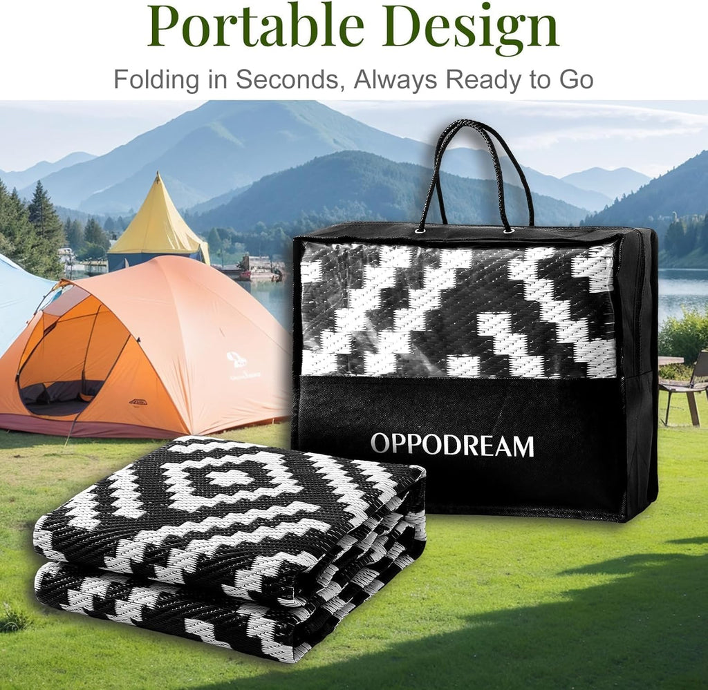 OPPODREAM Outdoor Rug 9x12 Patio Waterproof, Large Outdoor Plastic Straw Rug, Reversible Out Door Carpet for Camping, Deck, Rv, 9 x 12 Area Carpet for Balcony, Porch, Backyard, Black and White