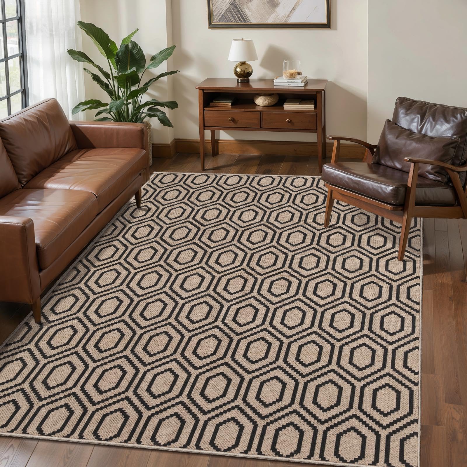 Tangsoo Rainbow Easy Jute Rug 5x7 Large Washable Area Rug for Living Room,Black Non-Slip Thin Outdoor Rug,Modern Farmhouse Indoor Carpet for Dining Room Table Bedroom Patio