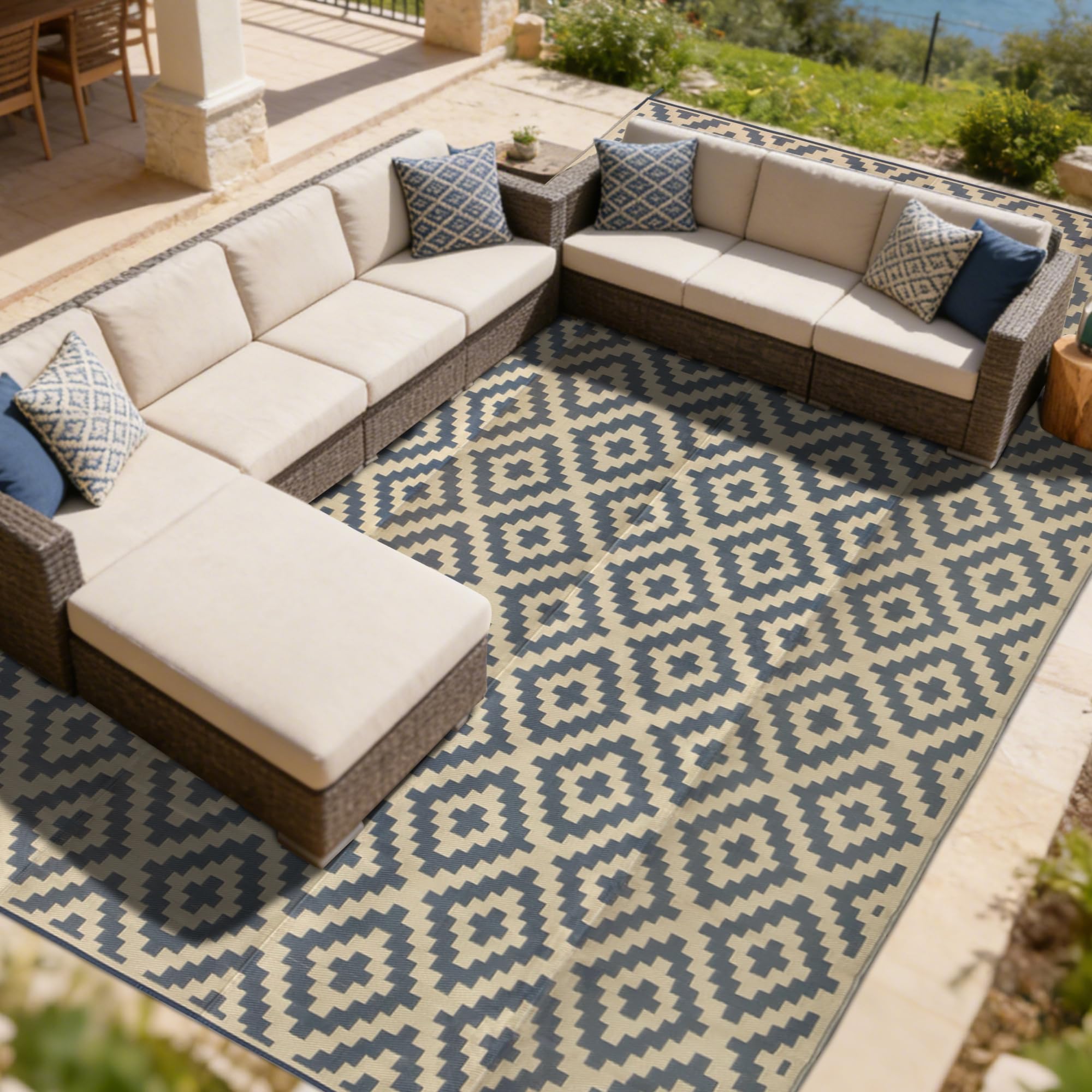 SAND MINE Waterproof Outdoor Rug 5x8 ft, Plastic Reversible Rug, Modern Area Rug, Large Floor Mat for Outdoors, RV, Patio, Backyard, Deck, Picnic, Beach, Camping, Black & Beige