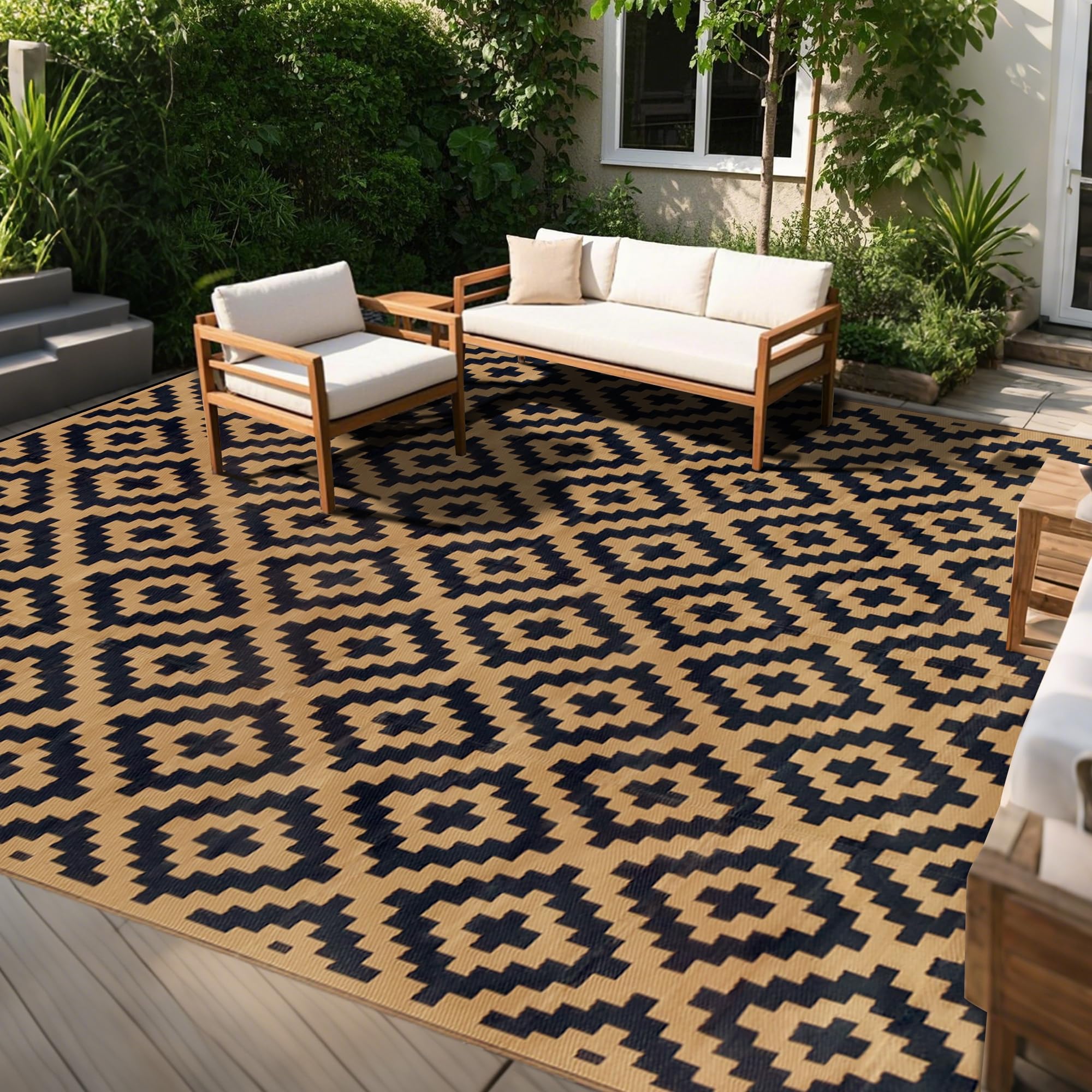 SAND MINE Waterproof Outdoor Rug 5x8 ft, Plastic Reversible Rug, Modern Area Rug, Large Floor Mat for Outdoors, RV, Patio, Backyard, Deck, Picnic, Beach, Camping, Black & Beige