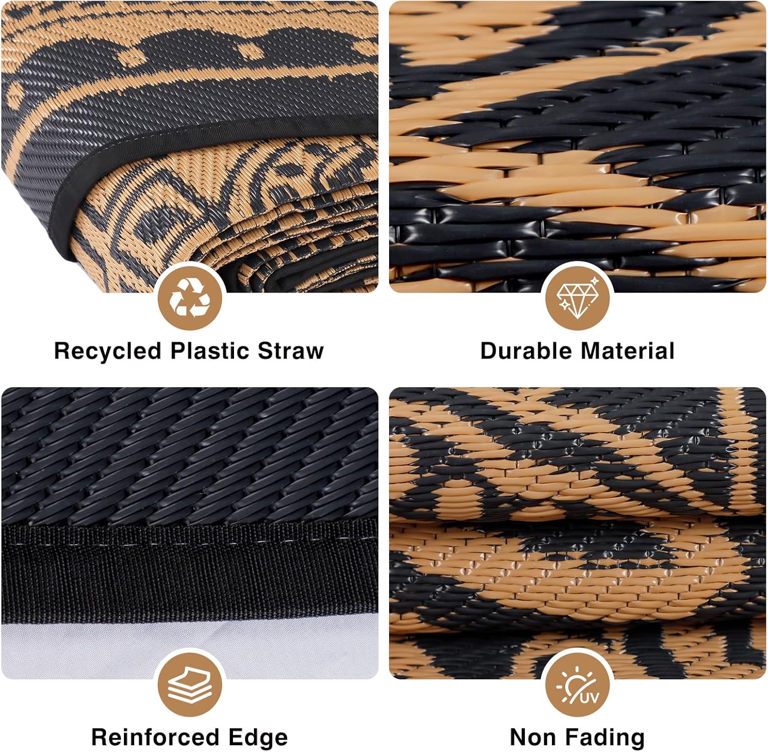 Round Outdoor Rugs 8Ft Waterproof, Outdoor Reversible Mats, Lightweight Plastic Straw Rug, Portable RV Camping Mat Floor Carpets for Deck Porch Picnic Beach Garden, Black/Camel
