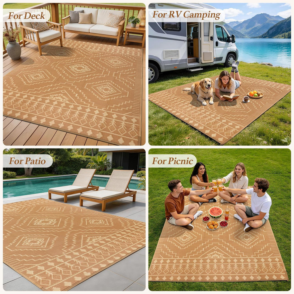 LBRO2M Waterproof Outdoor Rugs 10X12 for Patio Outdoor Plastic Straw Rug Reversible Outdoor Camping Rugs RV Rug for Deck,Backyard (10X12 Brwon Beige)