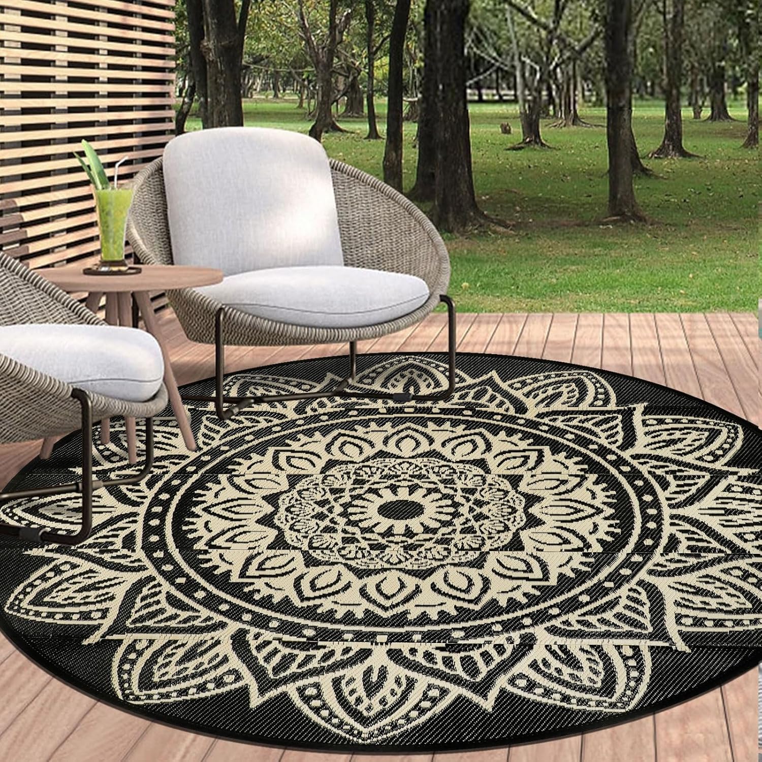 famibay 6 Ft Round Boho Outdoor Plastic Straw Rug, Waterproof, Portable, Reversible, UV-Resistant, Patio, Porch, Camping, Dark Blue