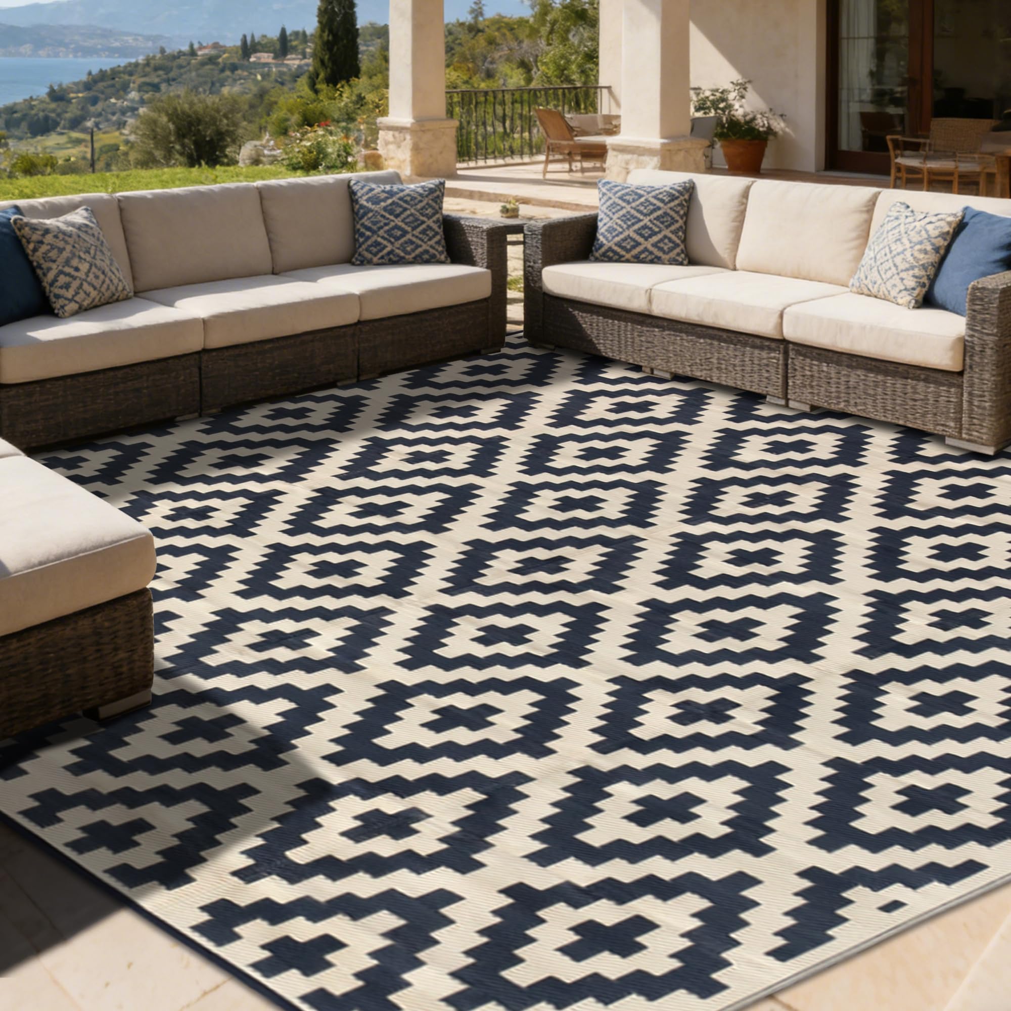 SAND MINE Waterproof Outdoor Rug 5x8 ft, Plastic Reversible Rug, Modern Area Rug, Large Floor Mat for Outdoors, RV, Patio, Backyard, Deck, Picnic, Beach, Camping, Black & Beige