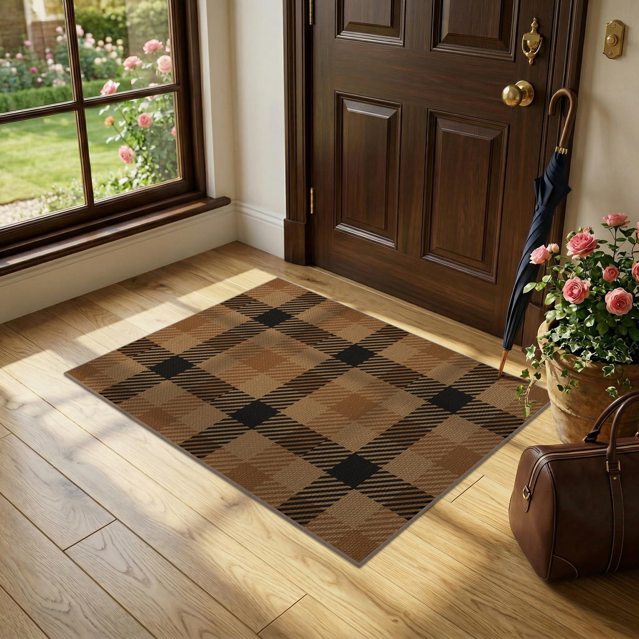 Washable Plaid Indoor Outdoor Rug 3x5 for Front Porch, Entryway, Patio, No Shed Easy Jute Non Slip TPR Backing Area Rug for Large Kitchen, Farmhouse Black & Tan Checkered Seegrass Aesthetic