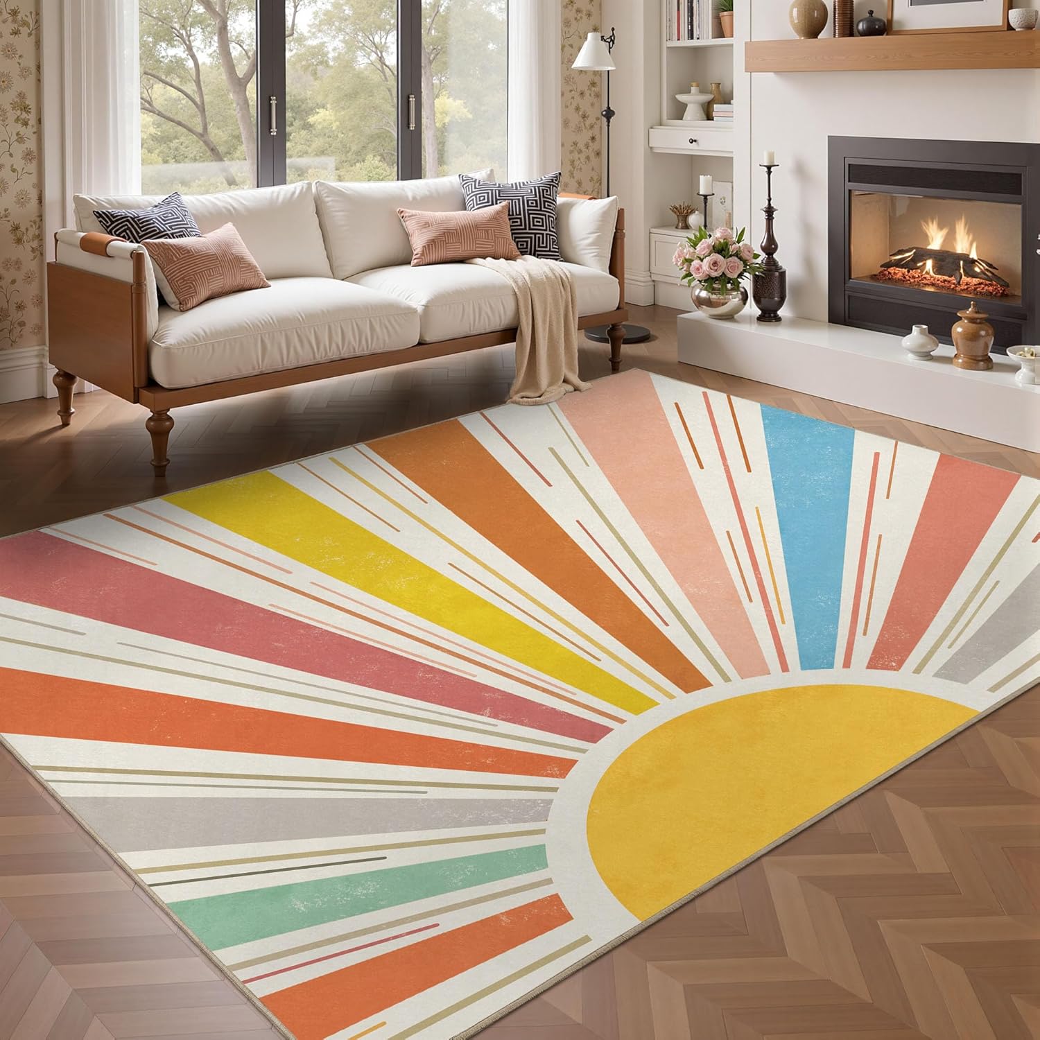 Multicolored Outdoor Indoor Area Rug Boho Sun Rainbow Washable Outdoor Patio Rugs Medieval Aesthetic Vintage Abstract Art Non-Slip Carpet for Living Room, Patio, Porch, Pool Deck (5x8)