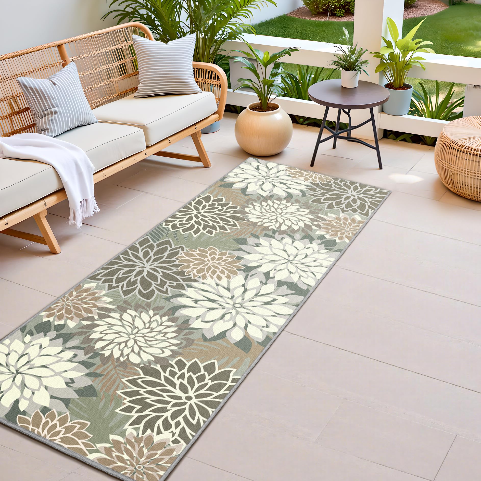 Colorful 5x8 Outdoor Area Rug Washable Multicolored Patio Rug Tropical Botanical Floral Chenille Waterproof Outdoor Carpet for Living Room, Deck, Backyard, Porch, Rainbow