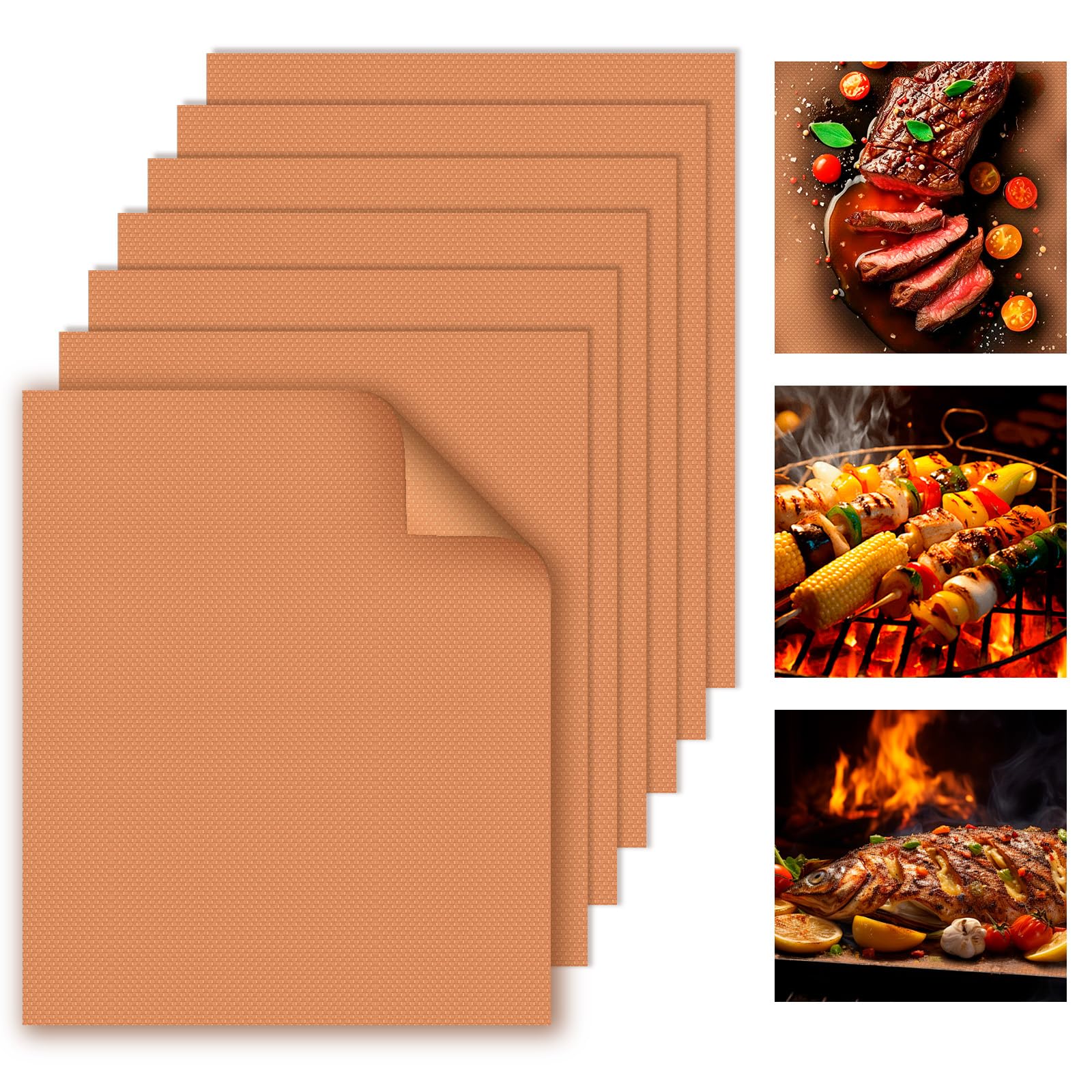 WIBIMEN Grill Mats for Outdoor Grill, Copper 9pcs Grill Mat, 100% Non-Stick PFOA Free 15.75 x 13", Heavy Duty, Reusable and Easy to Clean - Gas Charcoal & Electric BBQ