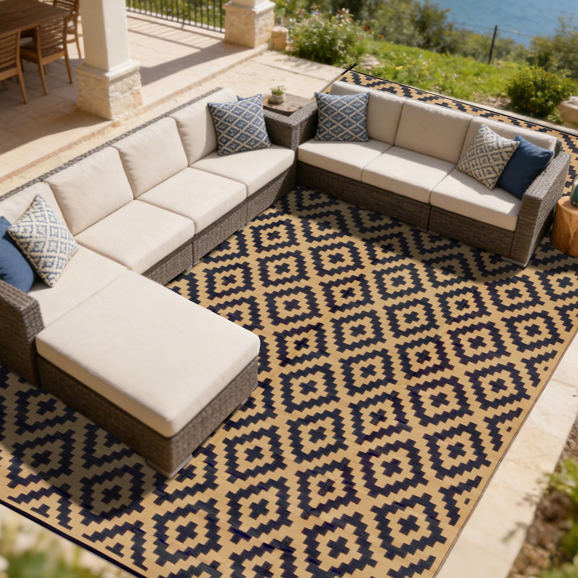 SAND MINE Waterproof Outdoor Rug 5x8 ft, Plastic Reversible Rug, Modern Area Rug, Large Floor Mat for Outdoors, RV, Patio, Backyard, Deck, Picnic, Beach, Camping, Black & Beige